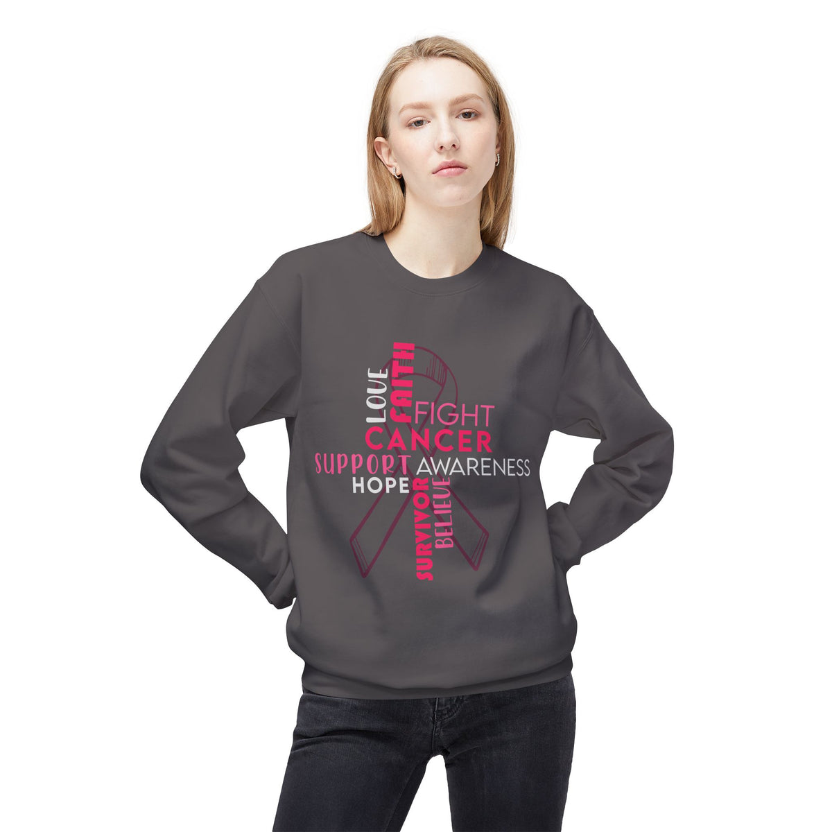 Cross & Ribbon Breast Cancer Awareness - Unisex Midweight Softstyle Fleece Crewneck Sweatshirt