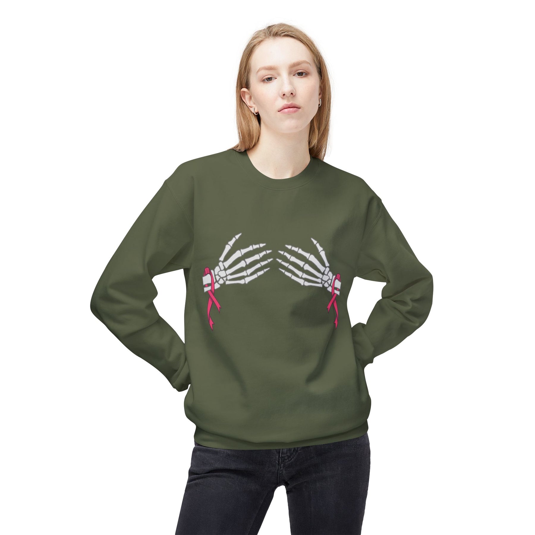 Skeleton Hands with Pink Ribbons - Unisex Midweight Softstyle Fleece Crewneck Sweatshirt