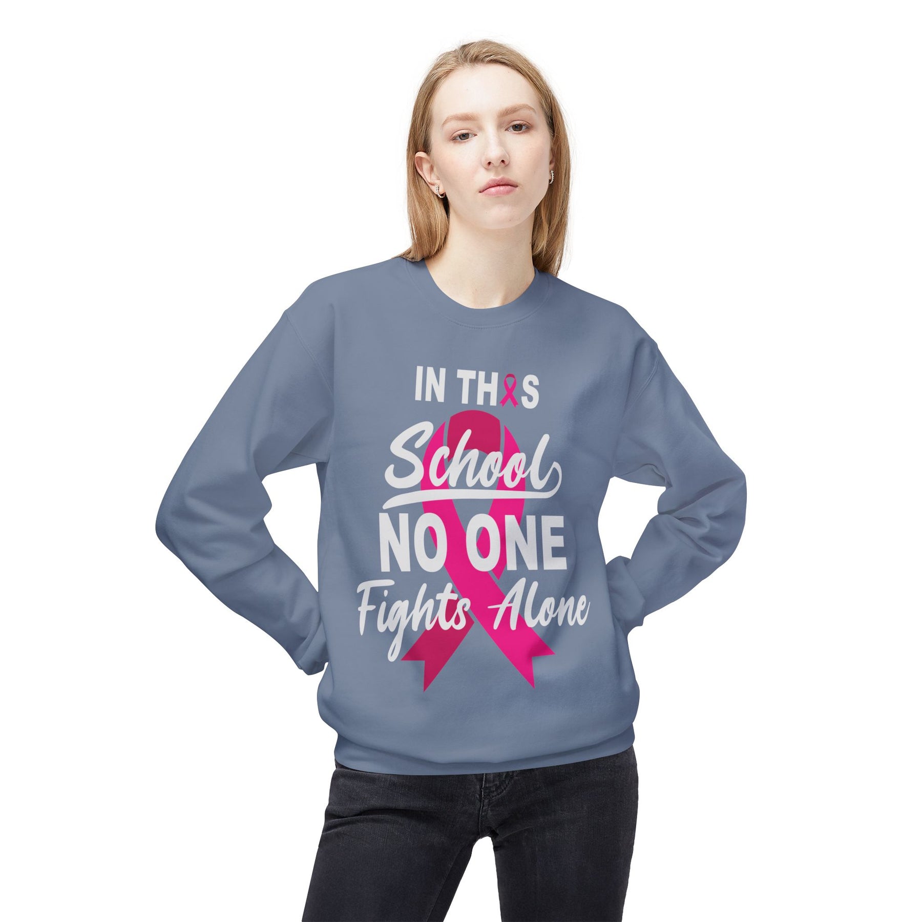 "In This School No One Fights Alone" Breast Cancer Awareness - Unisex Midweight Softstyle Fleece Crewneck Sweatshirt