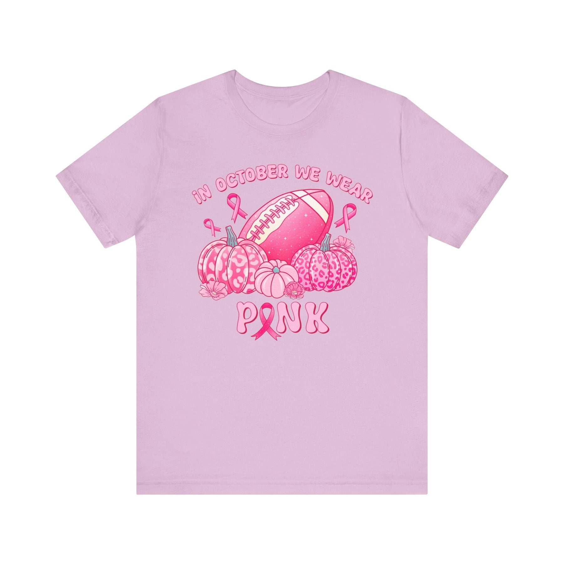 "In October We Wear Pink" Football & Pumpkins Breast Cancer Awareness - Unisex Jersey Short Sleeve Tee