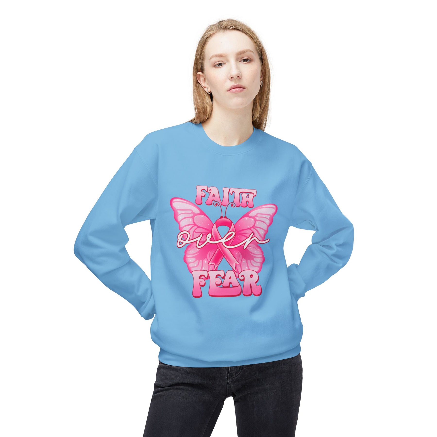 "Faith Over Fear" Breast Cancer Awareness - Unisex Midweight Softstyle Fleece Crewneck Sweatshirt