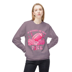 "In October We Wear Pink" Football & Pumpkins Breast Cancer Awareness - Unisex Midweight Softstyle Fleece Crewneck Sweatshirt