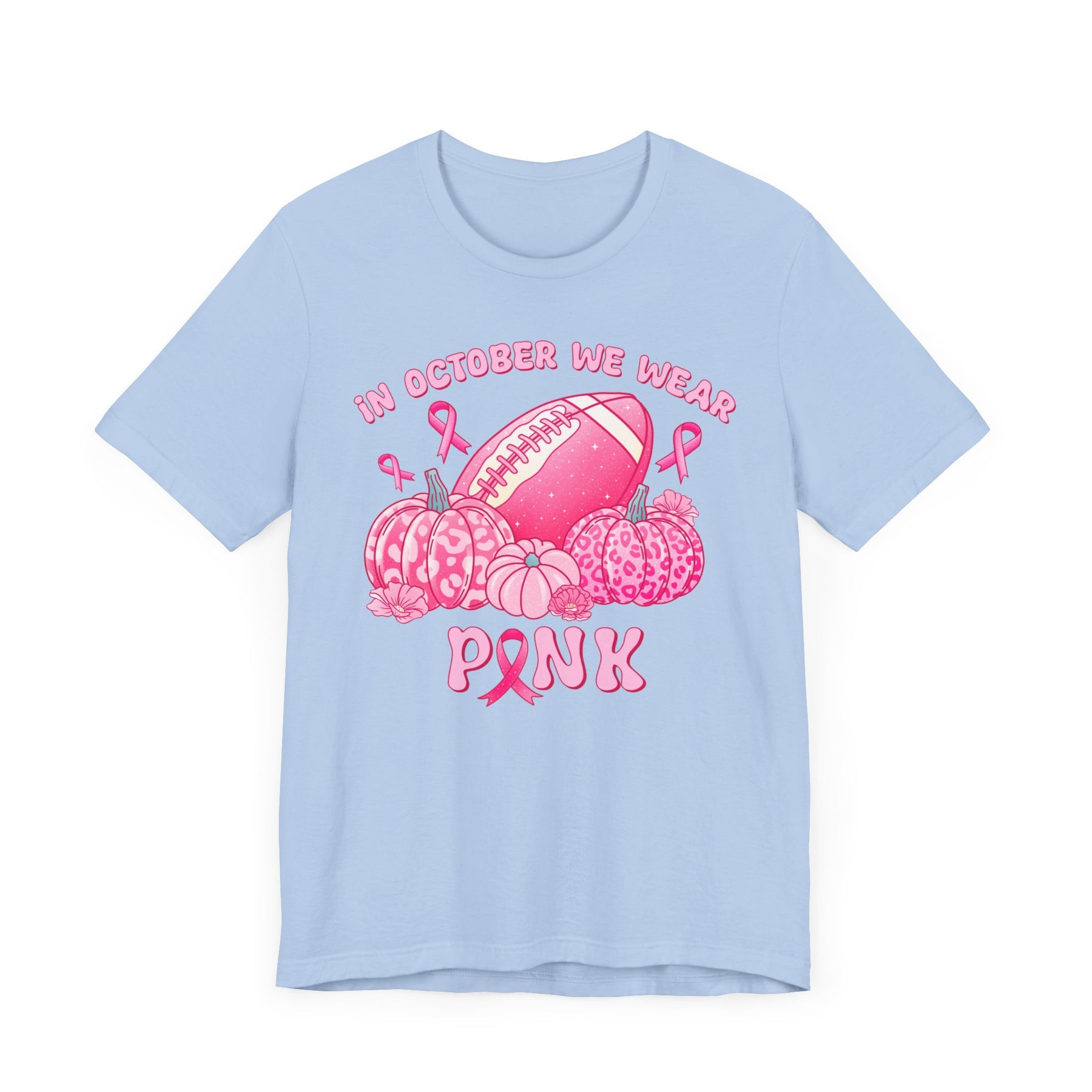 "In October We Wear Pink" Football & Pumpkins (Non-pink shirt options) Breast Cancer Awareness - Unisex Jersey Short Sleeve Tee