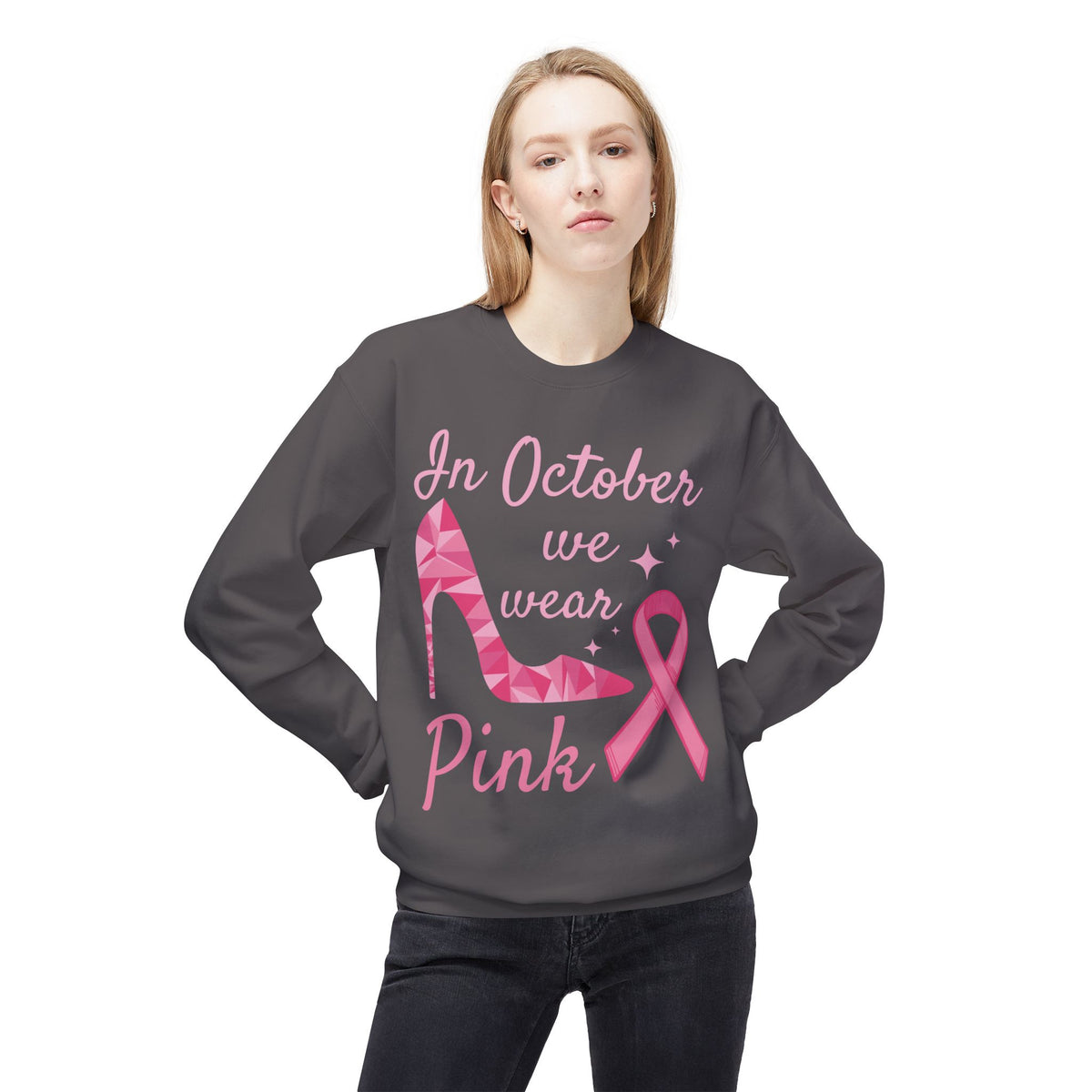 "In October We Wear Pink" Heel Breast Cancer Awareness - Unisex Midweight Softstyle Fleece Crewneck Sweatshirt