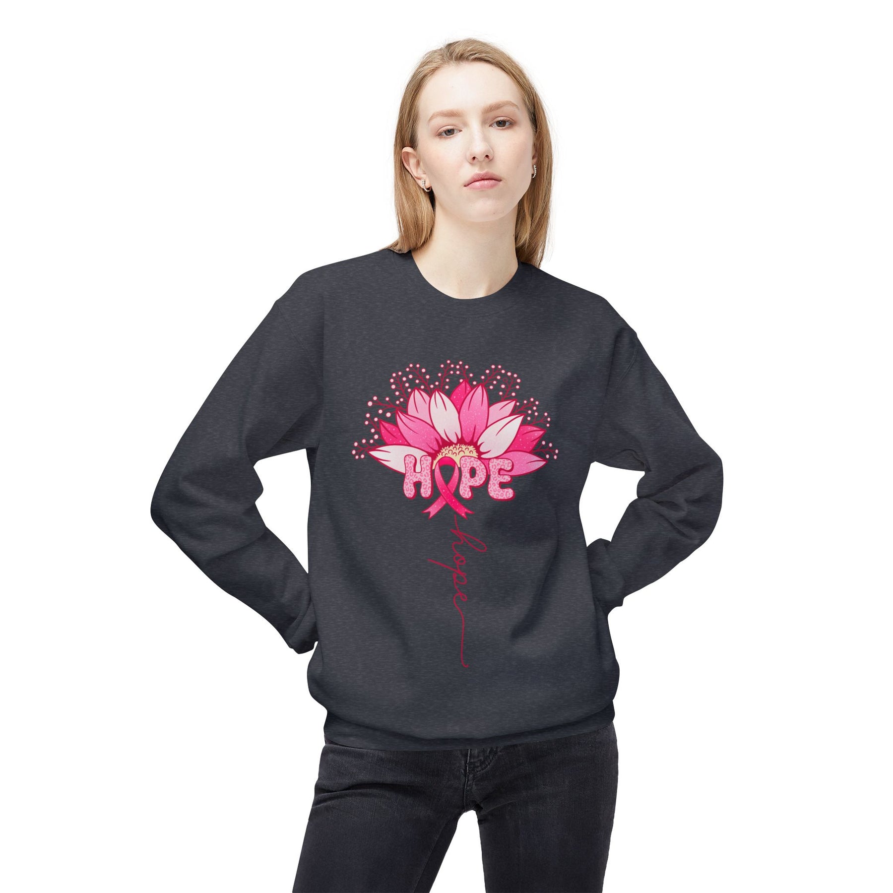 "Hope" Flower Breast Cancer Awareness - Unisex Midweight Softstyle Fleece Crewneck Sweatshirt