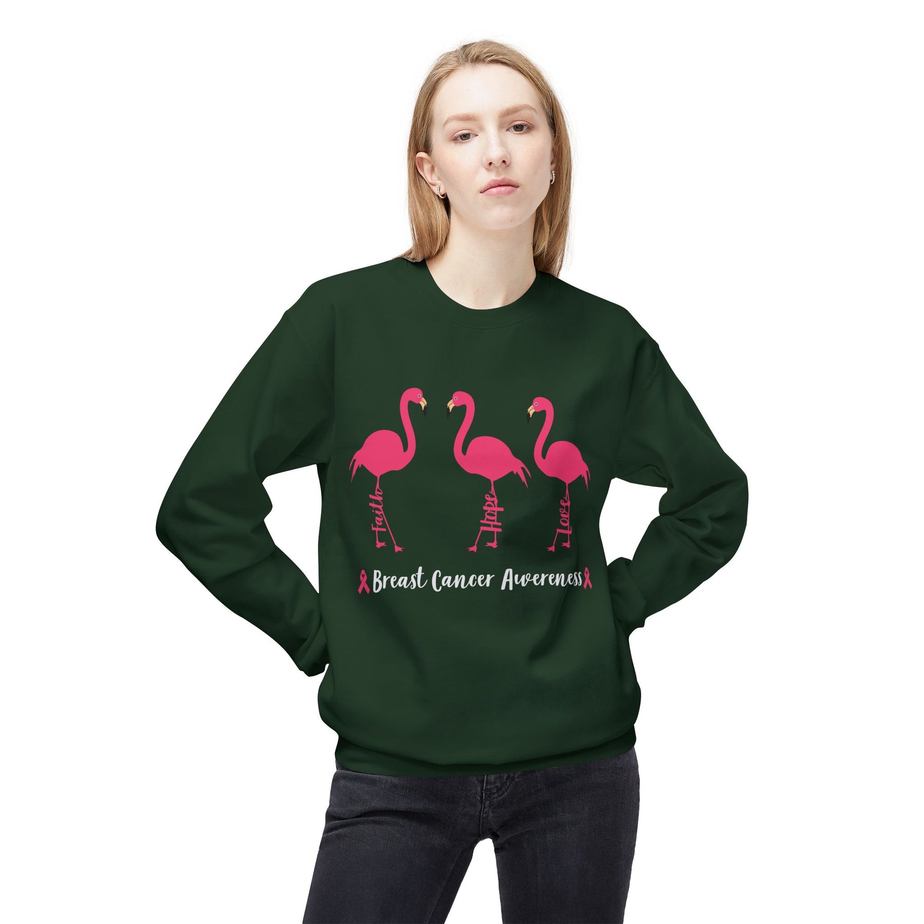 "Faith Hope Love Breast Cancer Awareness" with flamingos - Unisex Midweight Softstyle Fleece Crewneck Sweatshirt