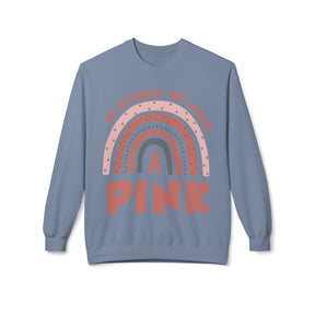 "In October We Wear Pink" with rainbow - Unisex Midweight Softstyle Fleece Crewneck Sweatshirt