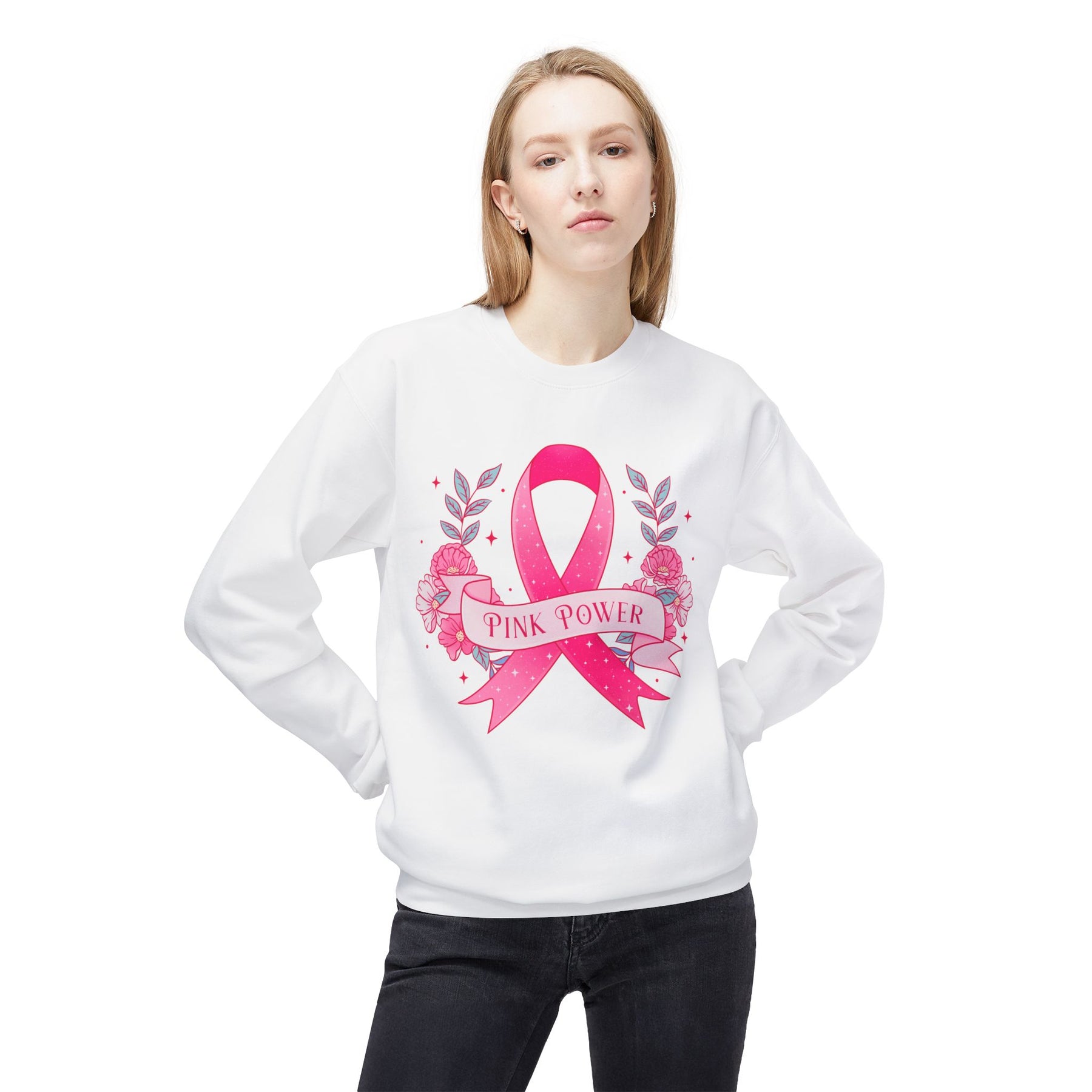 "Pink Power" Breast Cancer Awareness - Unisex Midweight Softstyle Fleece Crewneck Sweatshirt