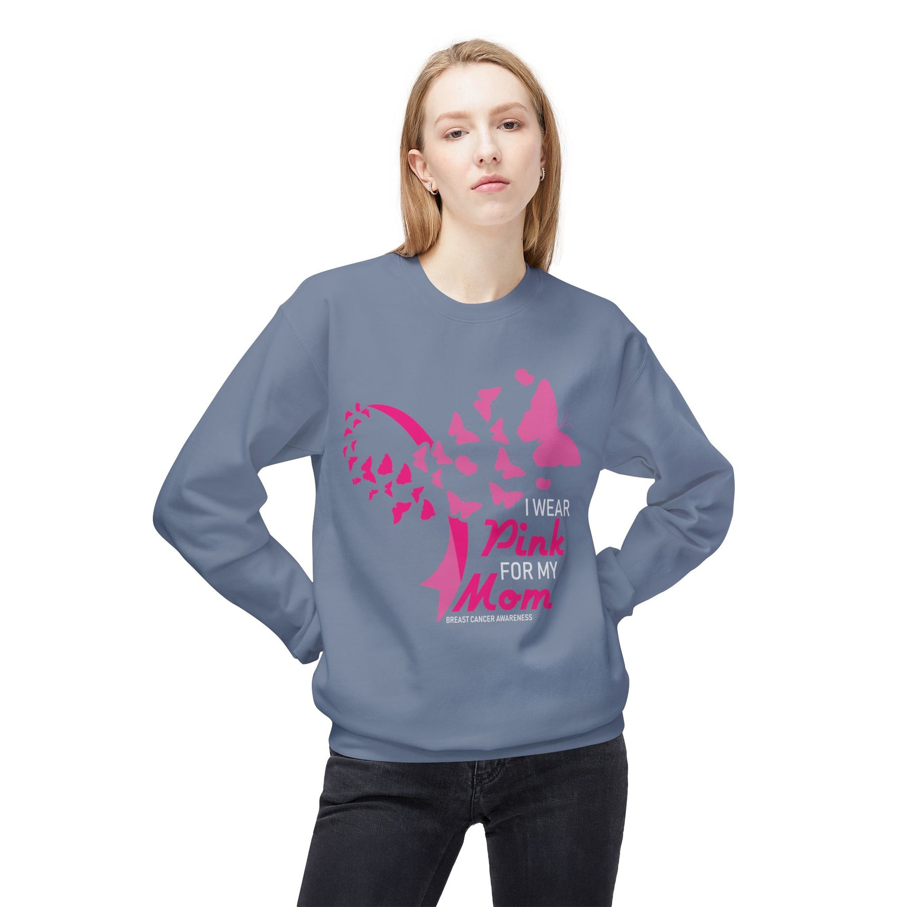 "I Wear Pink For My Mom Breast Cancer Awareness" - Unisex Midweight Softstyle Fleece Crewneck Sweatshirt