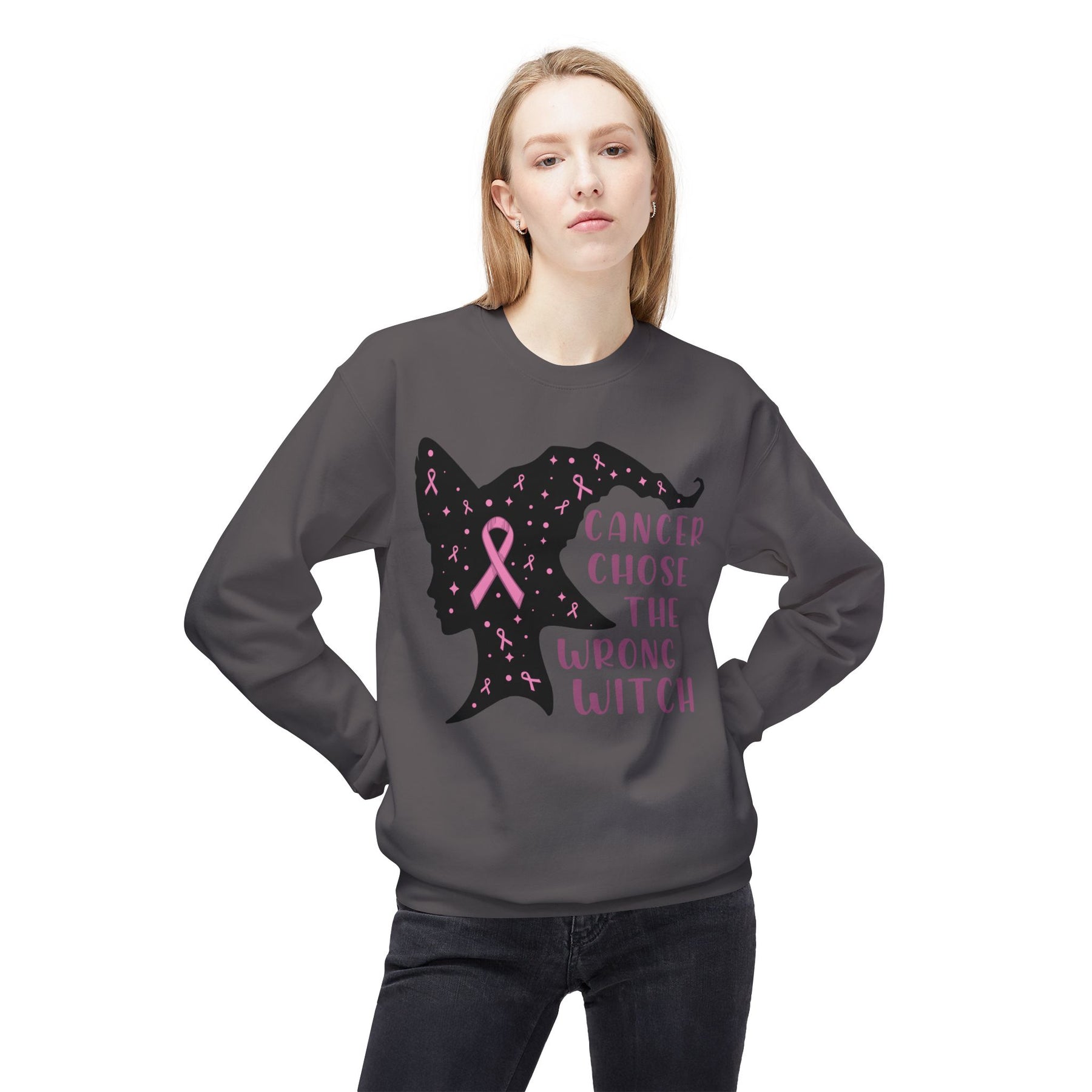 "Cancer Chose the Wrong Witch" Breast Cancer Awareness - Unisex Midweight Softstyle Fleece Crewneck Sweatshirt