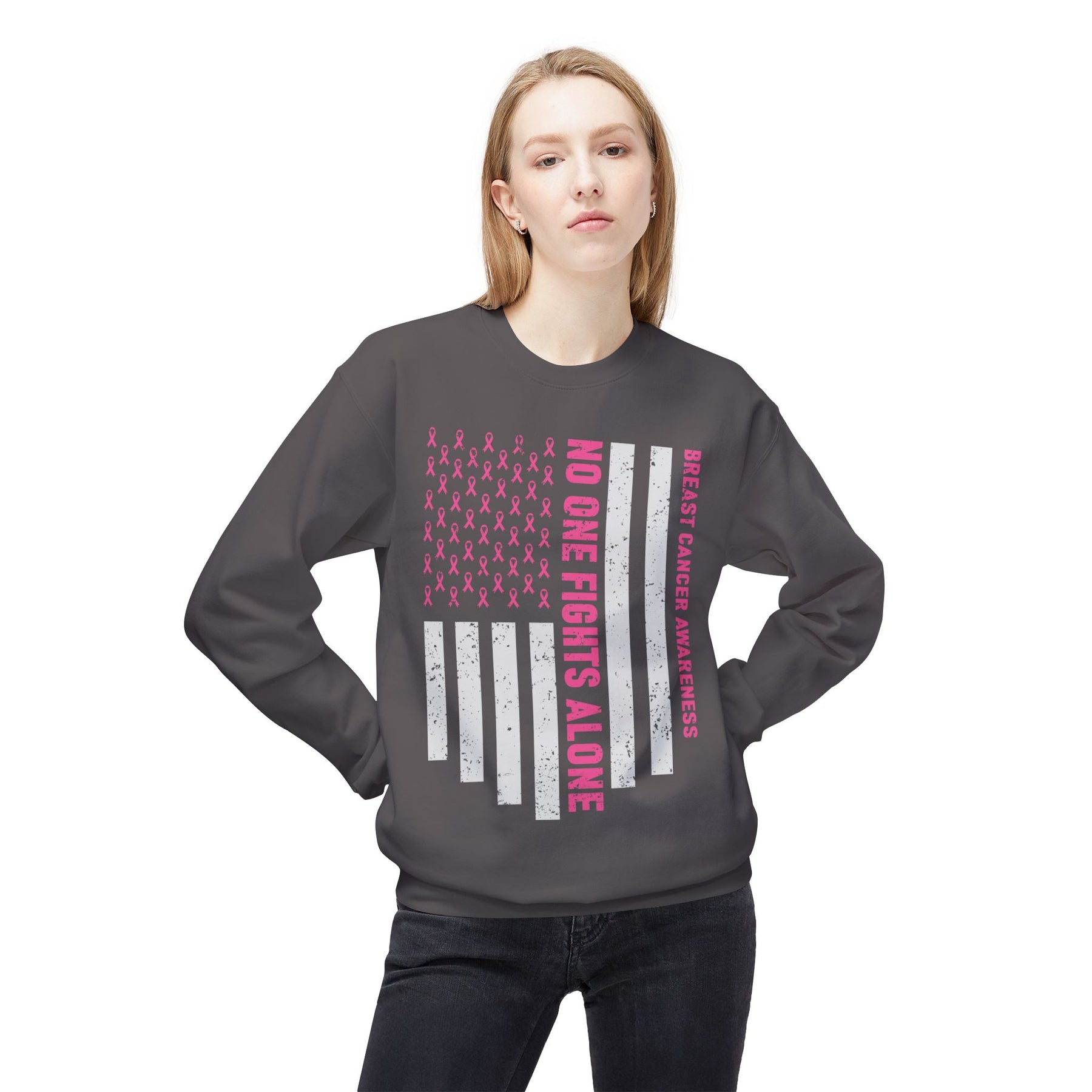 "Breast Cancer Awareness No One Fights Alone" - Unisex Midweight Softstyle Fleece Crewneck Sweatshirt