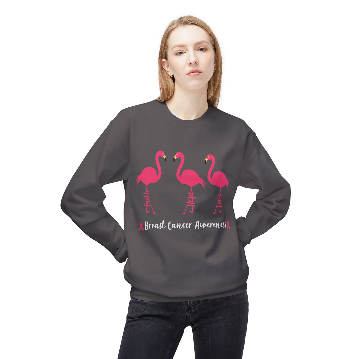 "Faith Hope Love Breast Cancer Awareness" with flamingos - Unisex Midweight Softstyle Fleece Crewneck Sweatshirt