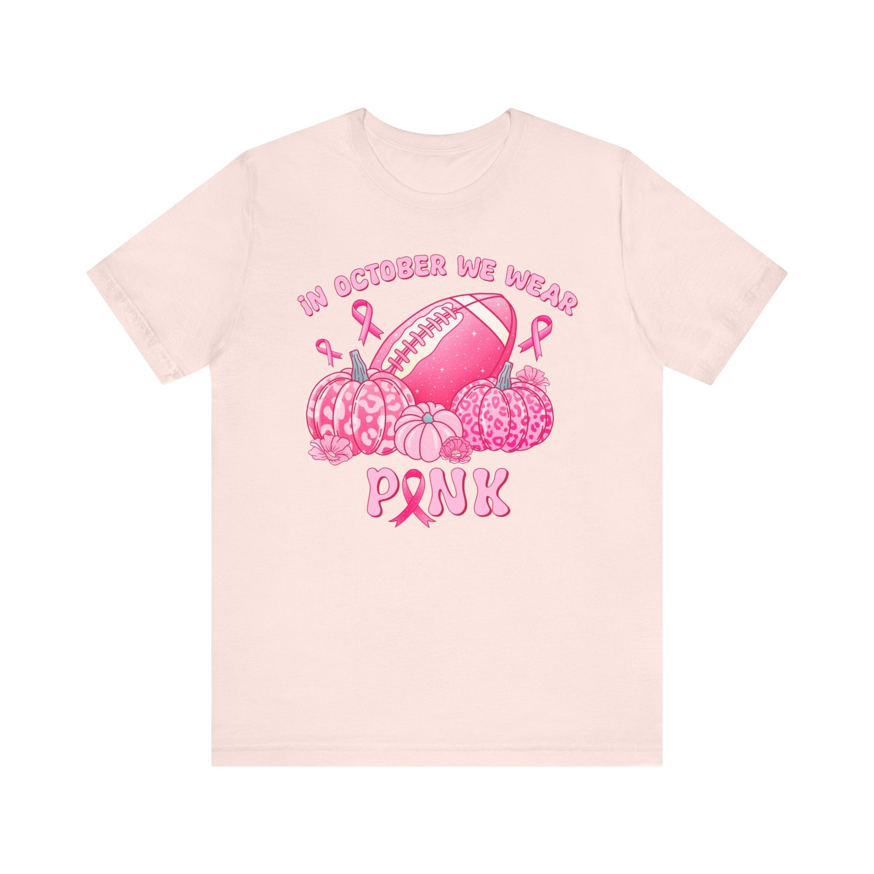 "In October We Wear Pink" Football & Pumpkins Breast Cancer Awareness - Unisex Jersey Short Sleeve Tee