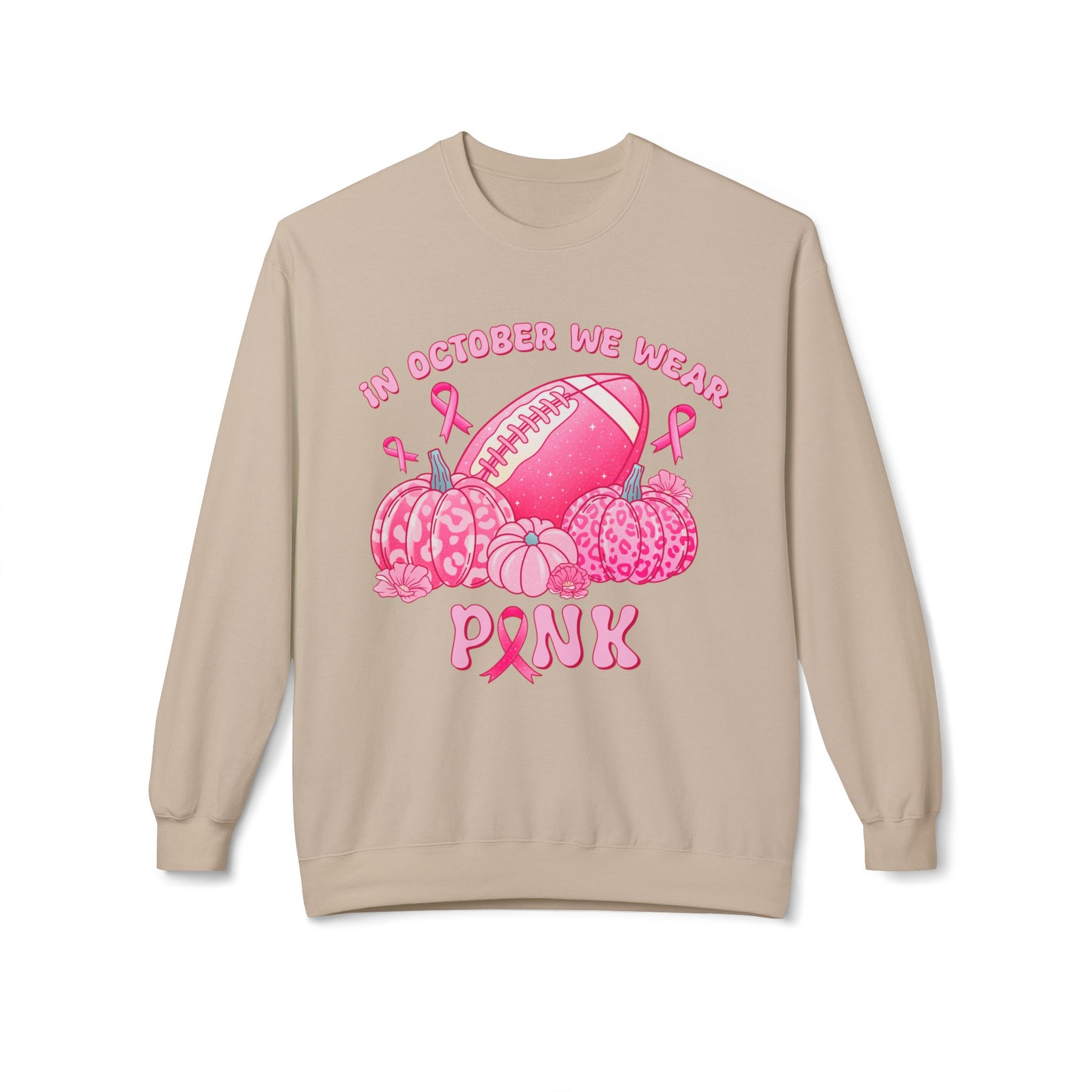 "In October We Wear Pink" Football & Pumpkins Breast Cancer Awareness - Unisex Midweight Softstyle Fleece Crewneck Sweatshirt