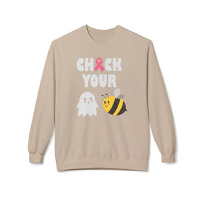 "Check Your 👻 🐝 " Breast Cancer Awareness - Unisex Midweight Softstyle Fleece Crewneck Sweatshirt