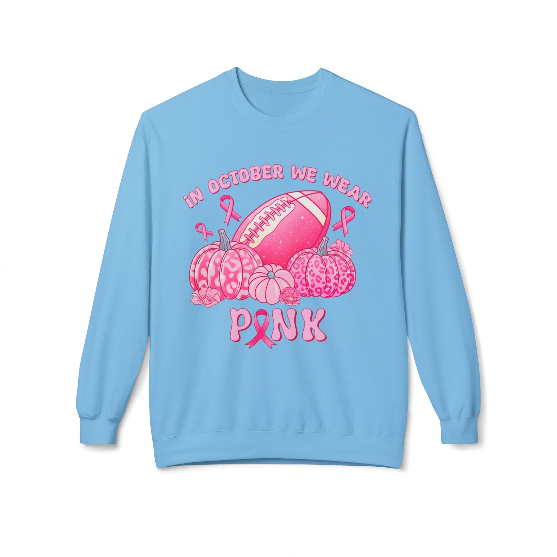 "In October We Wear Pink" Football & Pumpkins Breast Cancer Awareness - Unisex Midweight Softstyle Fleece Crewneck Sweatshirt