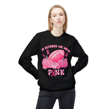 "In October We Wear Pink" Football & Pumpkins Breast Cancer Awareness - Unisex Midweight Softstyle Fleece Crewneck Sweatshirt