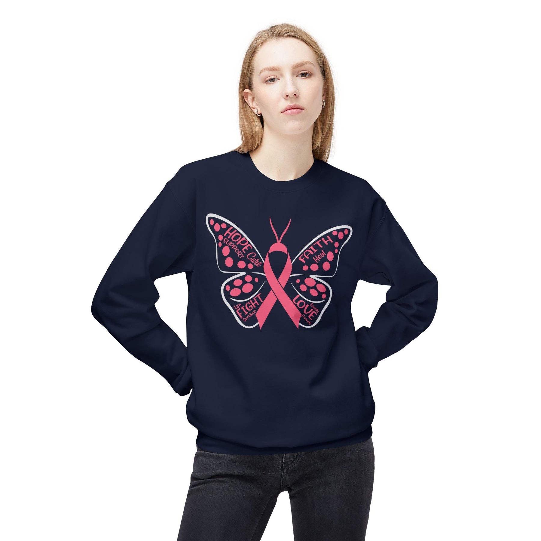 Butterfly Ribbon Breast Cancer Awareness - Unisex Midweight Softstyle Fleece Crewneck Sweatshirt