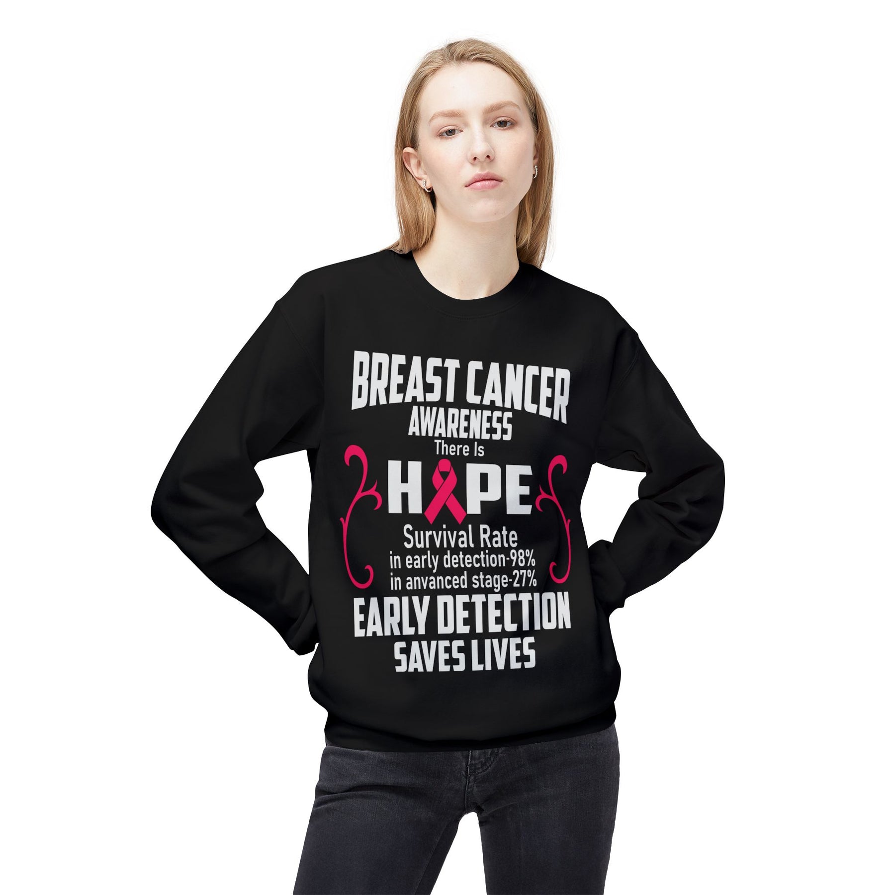 "Breast Cancer Awareness Early Detection Saves Lives" - Unisex Midweight Softstyle Fleece Crewneck Sweatshirt