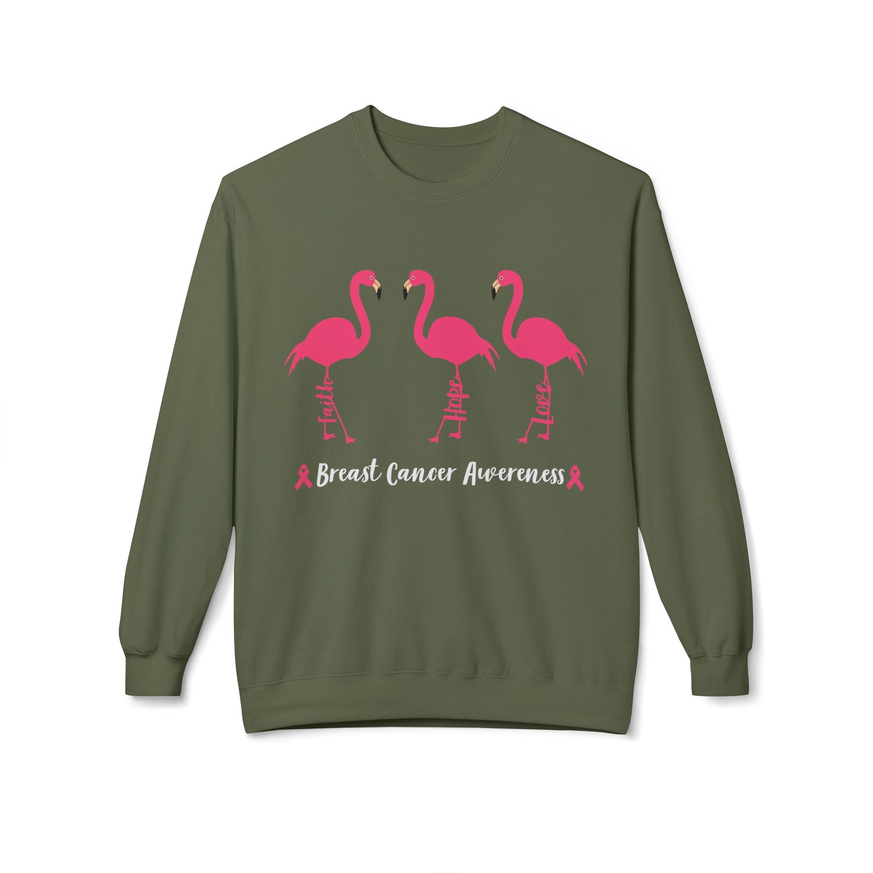 "Faith Hope Love Breast Cancer Awareness" with flamingos - Unisex Midweight Softstyle Fleece Crewneck Sweatshirt