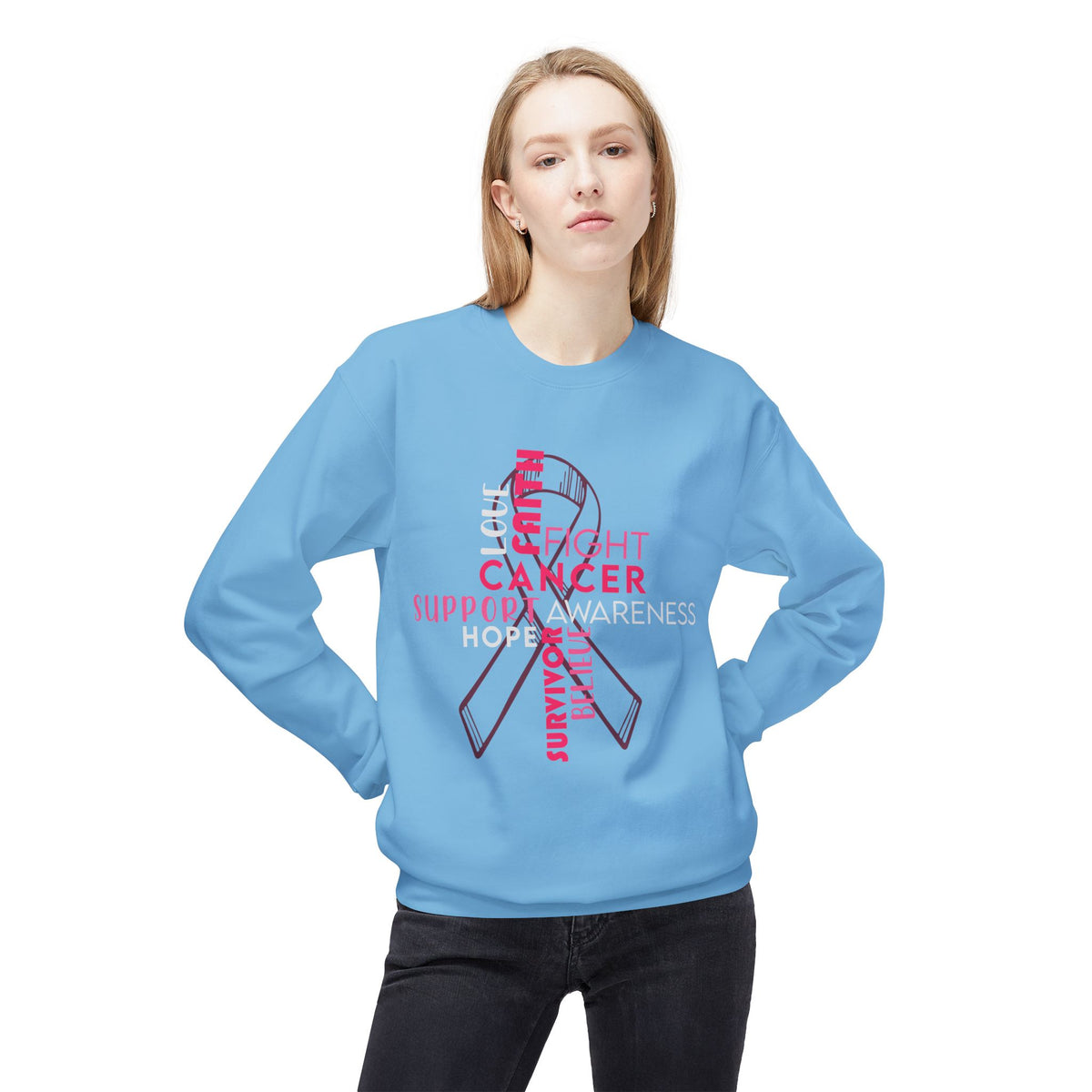 Cross & Ribbon Breast Cancer Awareness - Unisex Midweight Softstyle Fleece Crewneck Sweatshirt