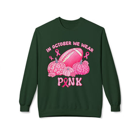 "In October We Wear Pink" Football & Pumpkins Breast Cancer Awareness - Unisex Midweight Softstyle Fleece Crewneck Sweatshirt