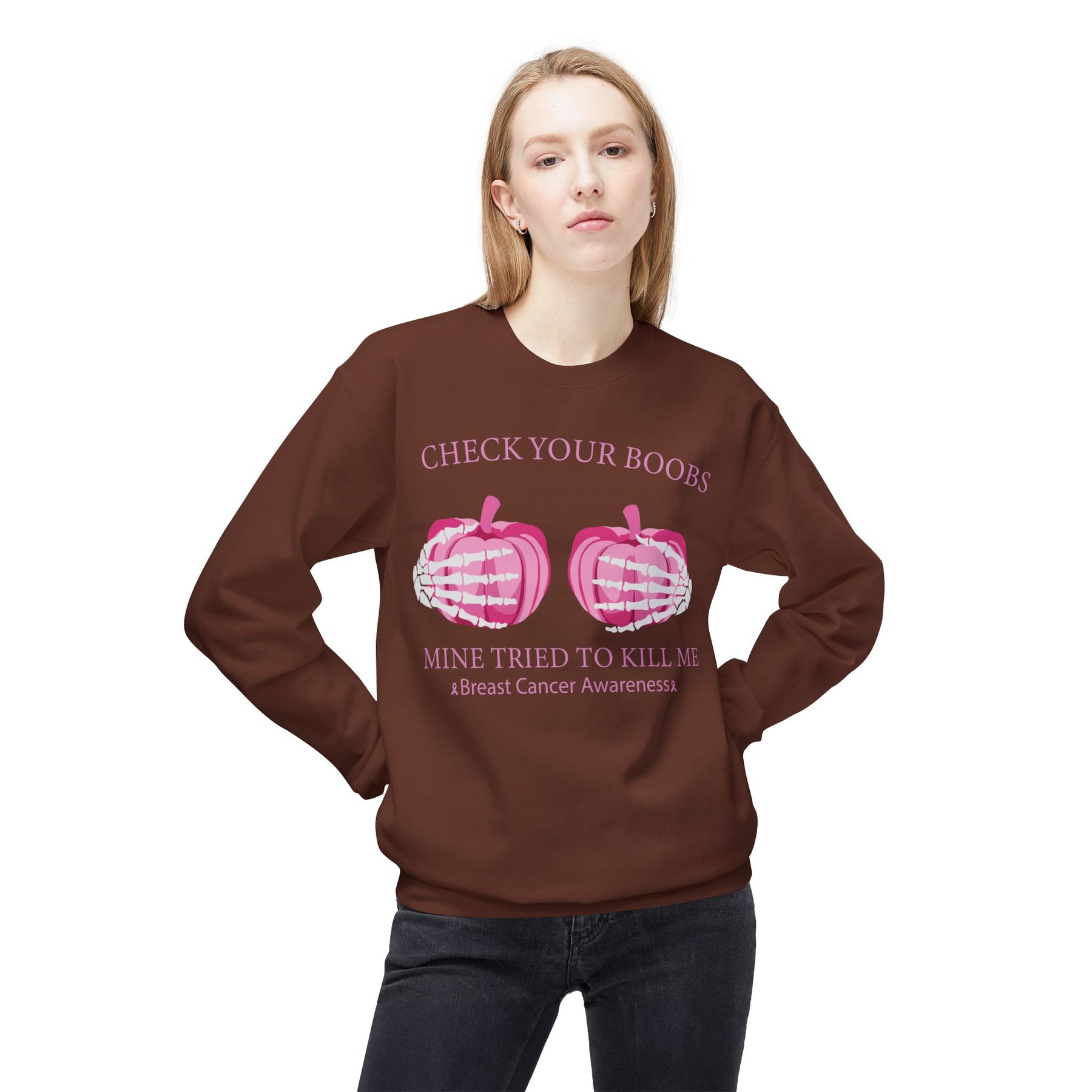 "Check Your Boobs Mine Tried to Kill Me Breast Cancer Awareness" - Unisex Midweight Softstyle Fleece Crewneck Sweatshirt