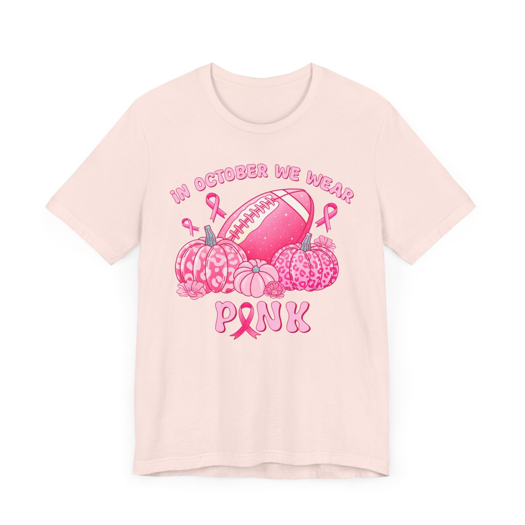 "In October We Wear Pink" Football & Pumpkins Breast Cancer Awareness - Unisex Jersey Short Sleeve Tee