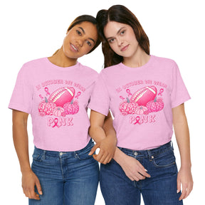 "In October We Wear Pink" Football & Pumpkins Breast Cancer Awareness - Unisex Jersey Short Sleeve Tee