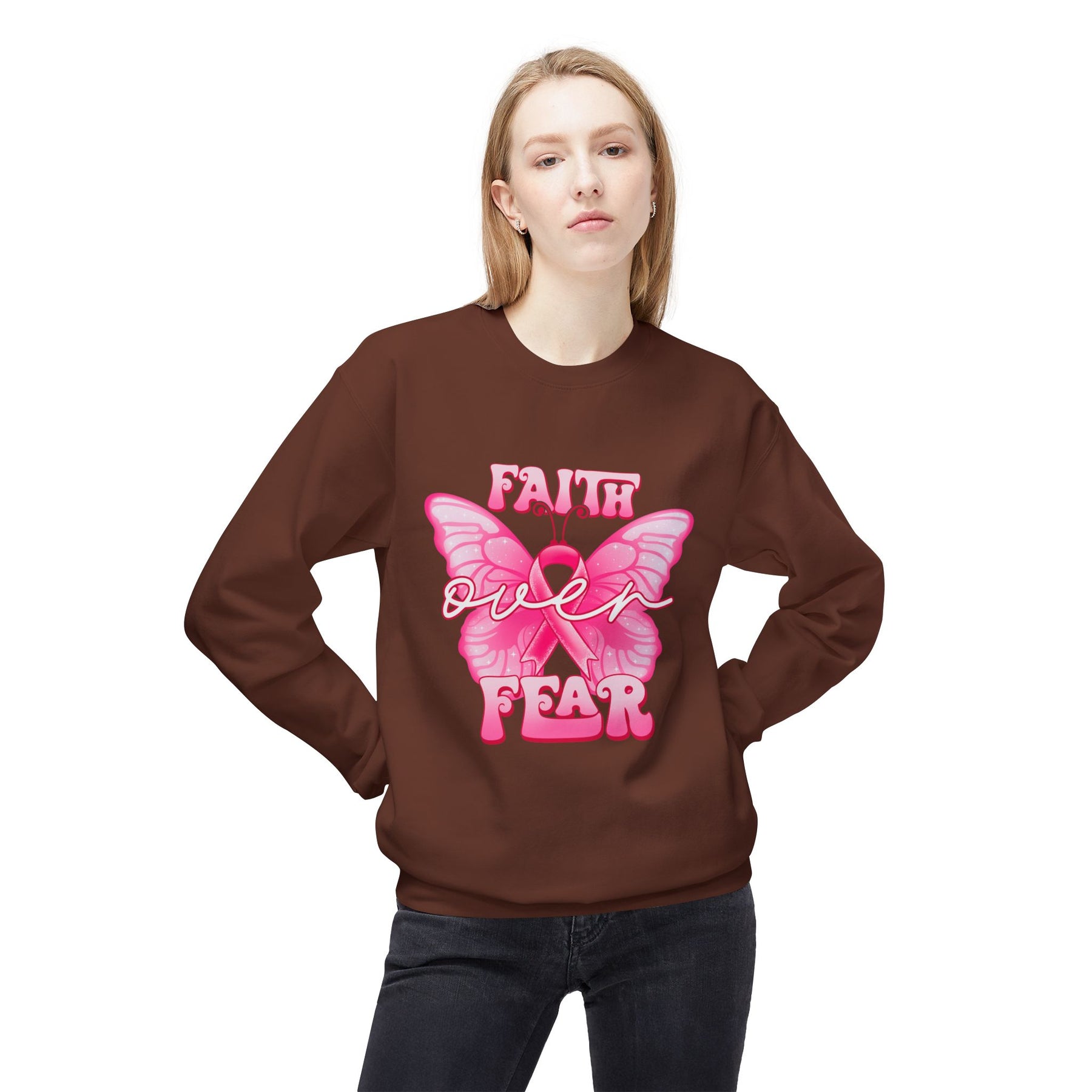 "Faith Over Fear" Breast Cancer Awareness - Unisex Midweight Softstyle Fleece Crewneck Sweatshirt