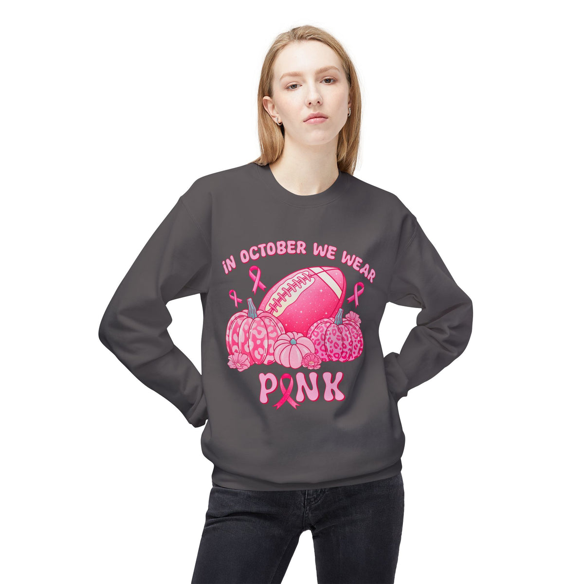 "In October We Wear Pink" Football & Pumpkins Breast Cancer Awareness - Unisex Midweight Softstyle Fleece Crewneck Sweatshirt