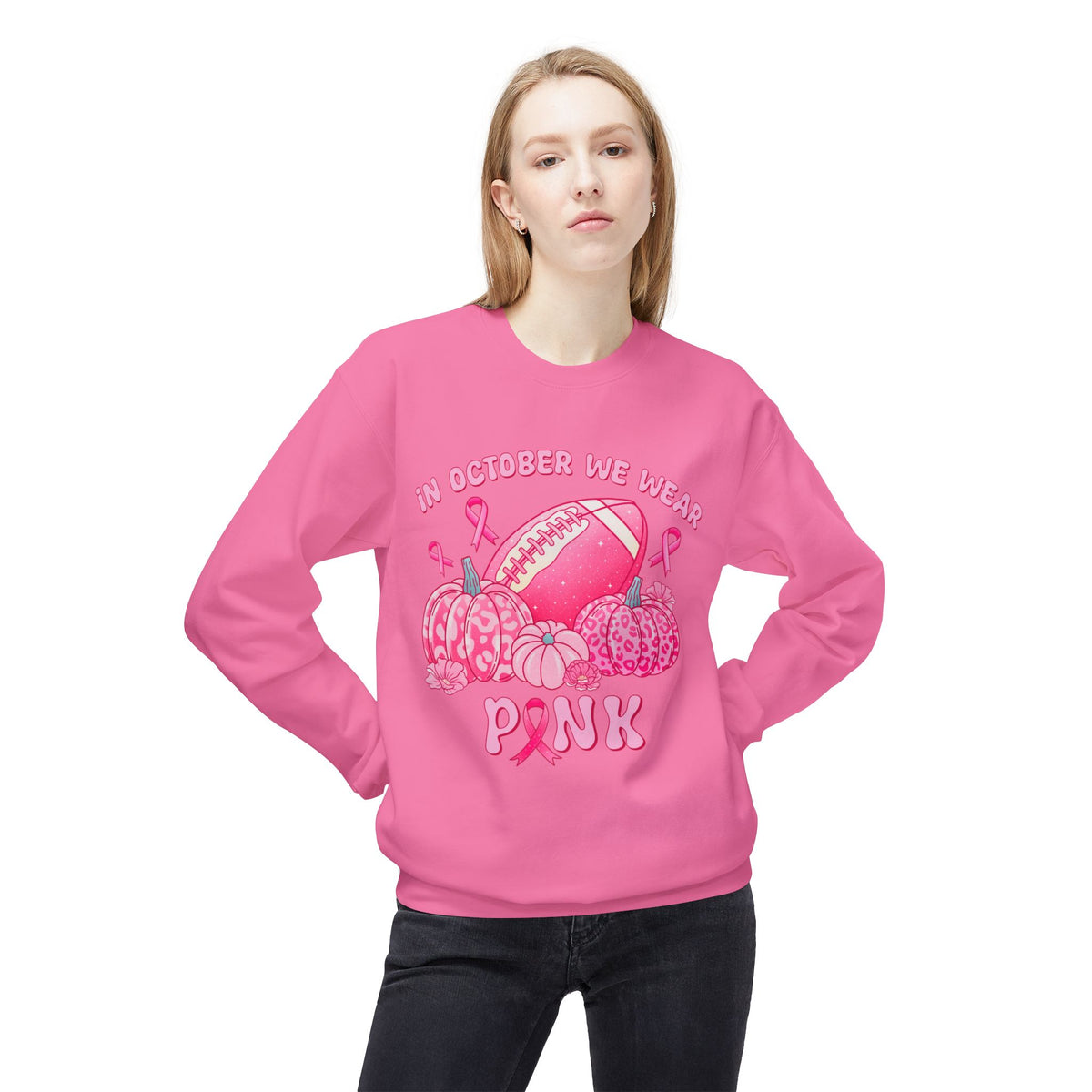 "In October We Wear Pink" Football & Pumpkins Breast Cancer Awareness - Unisex Midweight Softstyle Fleece Crewneck Sweatshirt