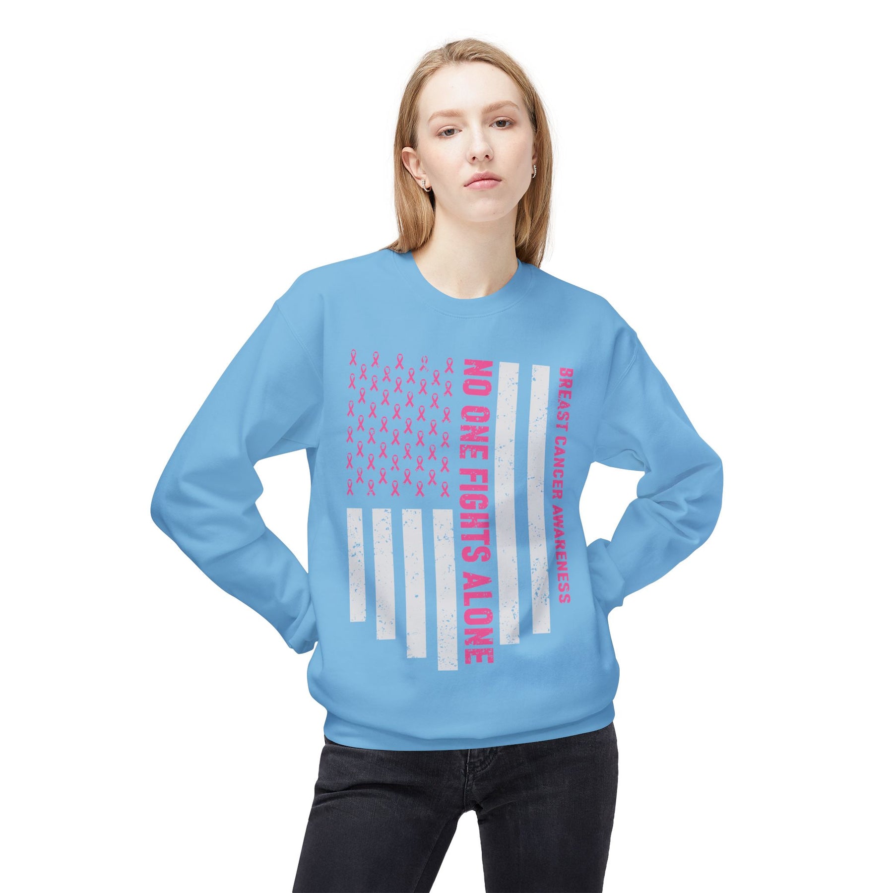 "Breast Cancer Awareness No One Fights Alone" - Unisex Midweight Softstyle Fleece Crewneck Sweatshirt