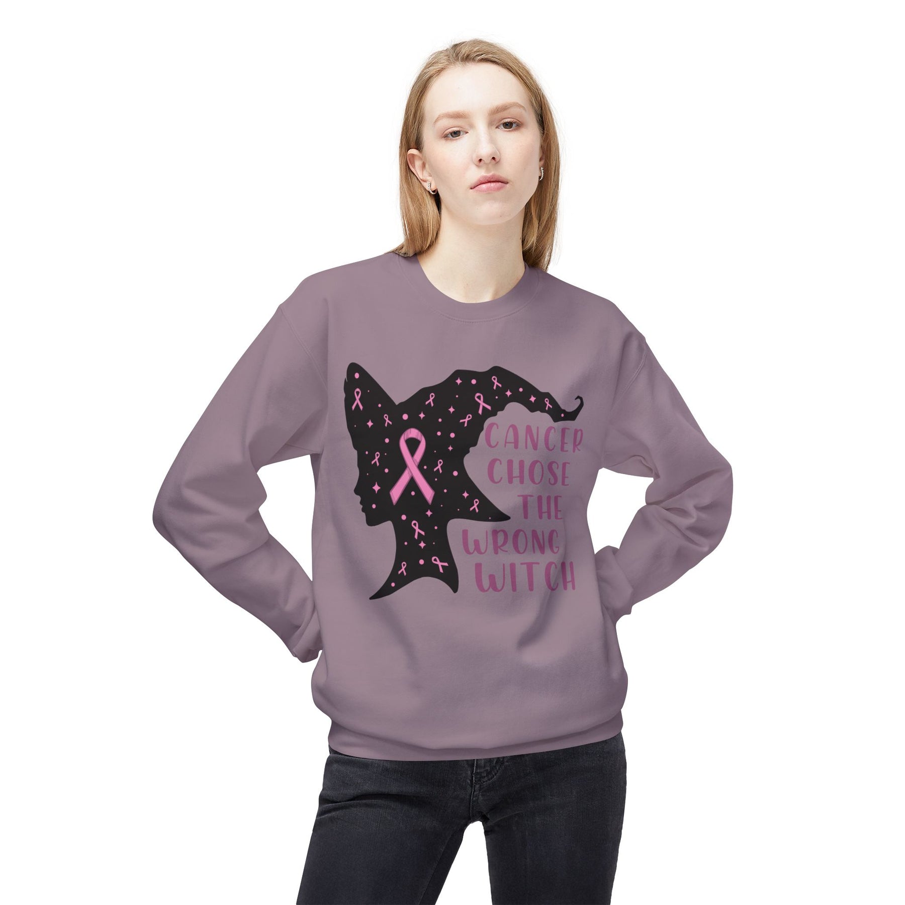 "Cancer Chose the Wrong Witch" Breast Cancer Awareness - Unisex Midweight Softstyle Fleece Crewneck Sweatshirt