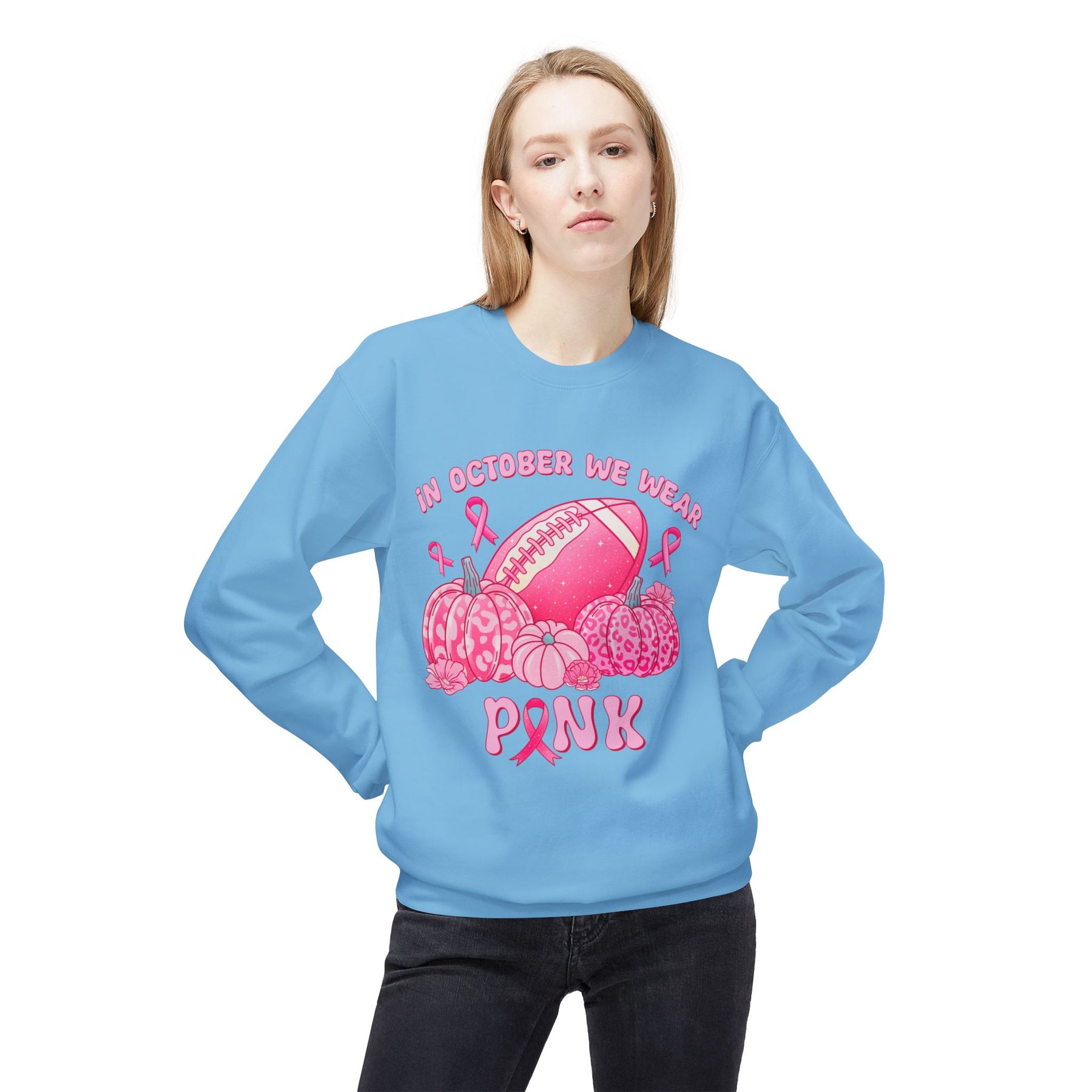 "In October We Wear Pink" Football & Pumpkins Breast Cancer Awareness - Unisex Midweight Softstyle Fleece Crewneck Sweatshirt