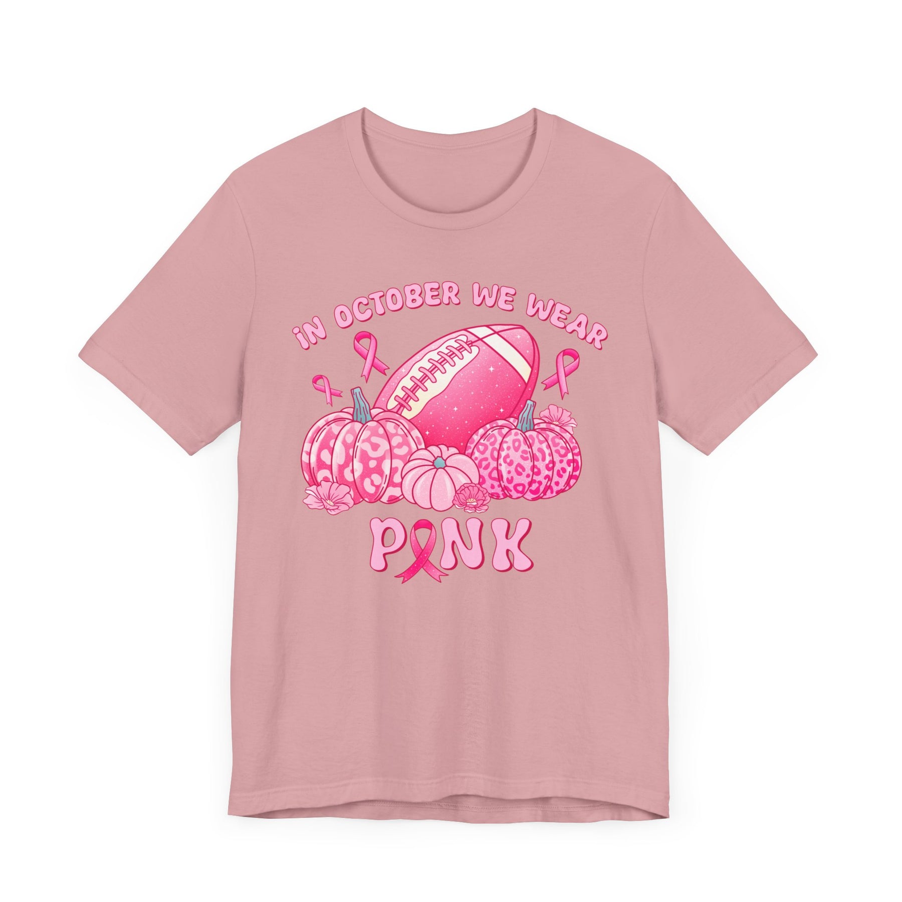 "In October We Wear Pink" Football & Pumpkins Breast Cancer Awareness - Unisex Jersey Short Sleeve Tee