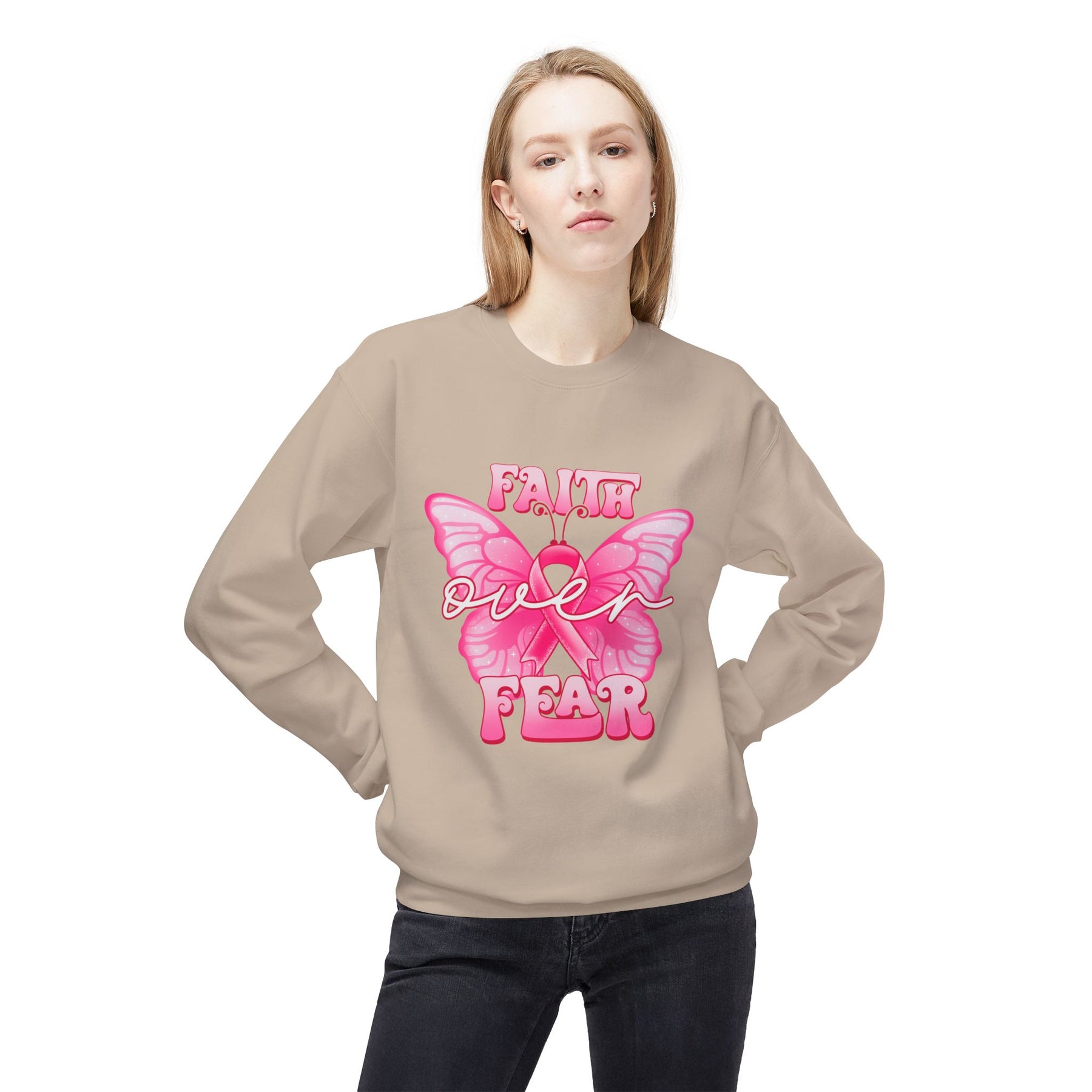 "Faith Over Fear" Breast Cancer Awareness - Unisex Midweight Softstyle Fleece Crewneck Sweatshirt