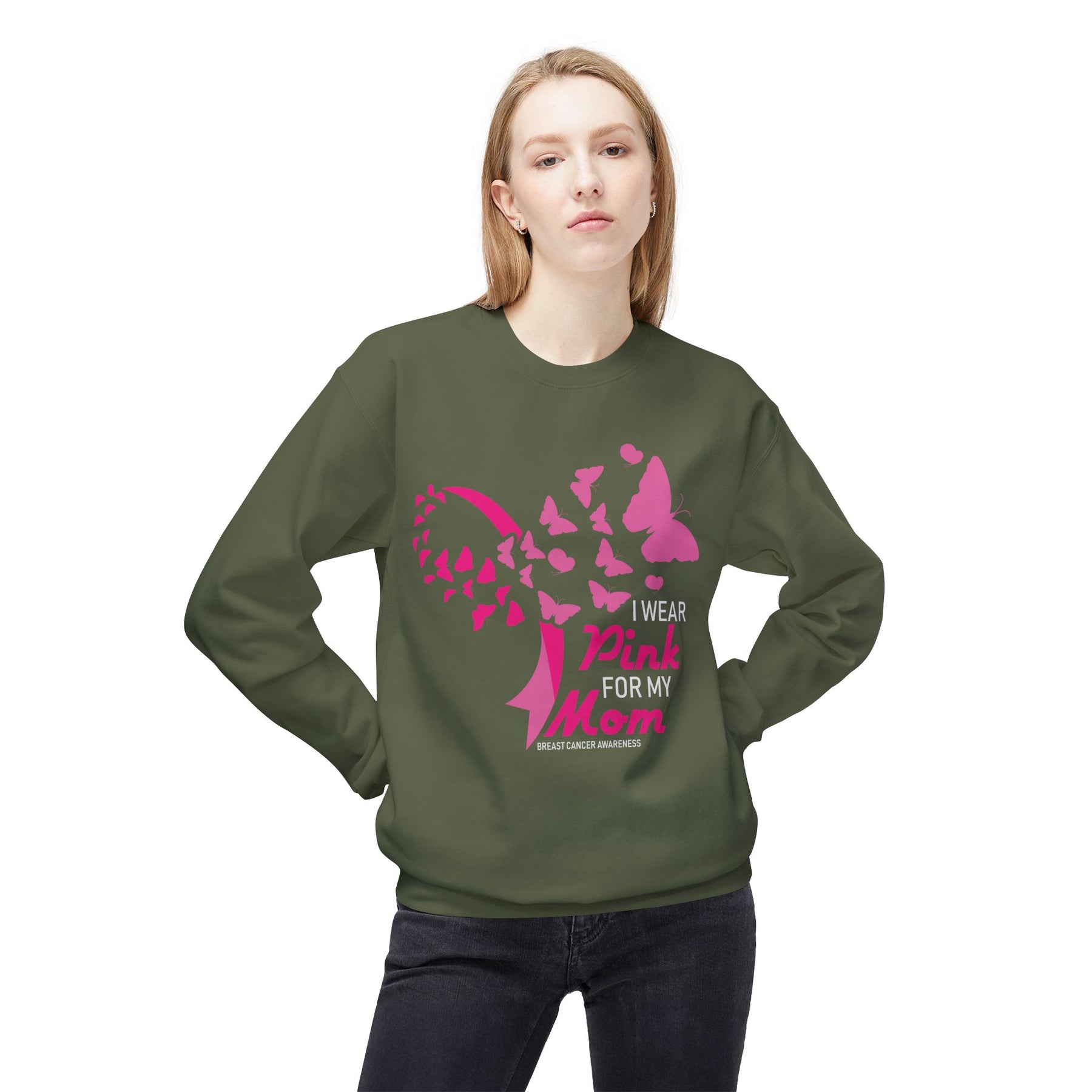 "I Wear Pink For My Mom Breast Cancer Awareness" - Unisex Midweight Softstyle Fleece Crewneck Sweatshirt