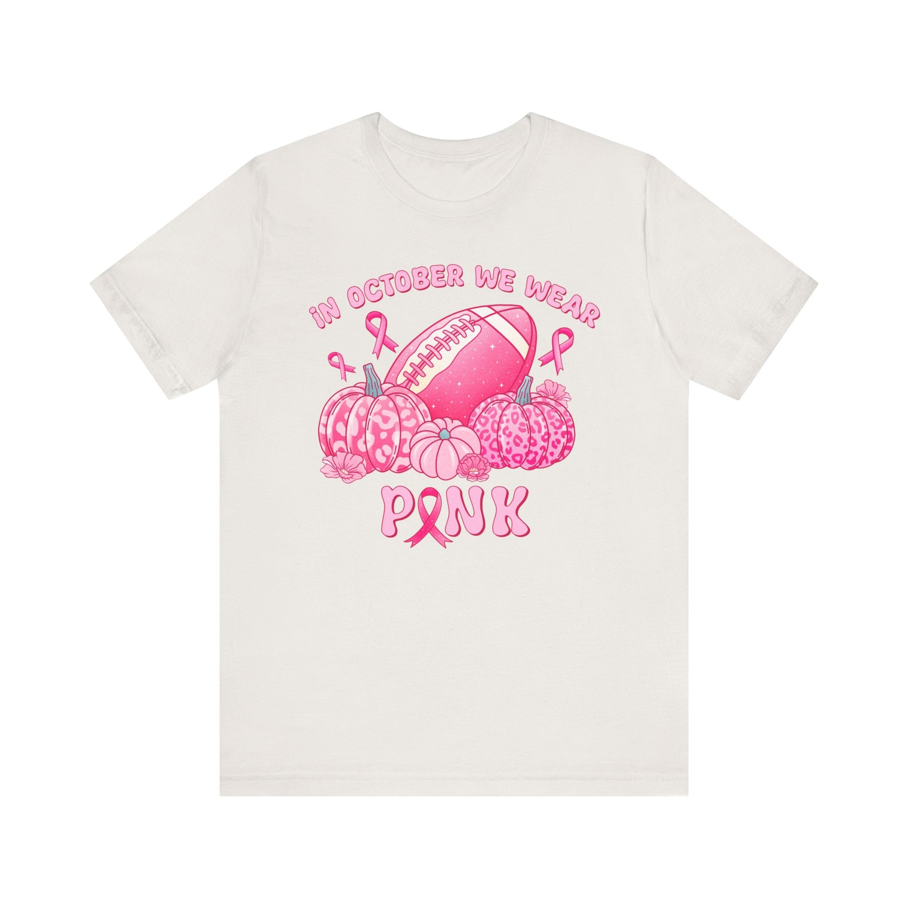 "In October We Wear Pink" Football & Pumpkins (Non-pink shirt options) Breast Cancer Awareness - Unisex Jersey Short Sleeve Tee