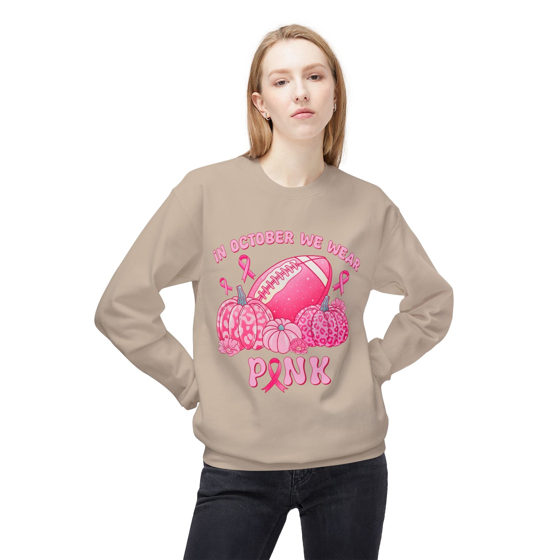 "In October We Wear Pink" Football & Pumpkins Breast Cancer Awareness - Unisex Midweight Softstyle Fleece Crewneck Sweatshirt