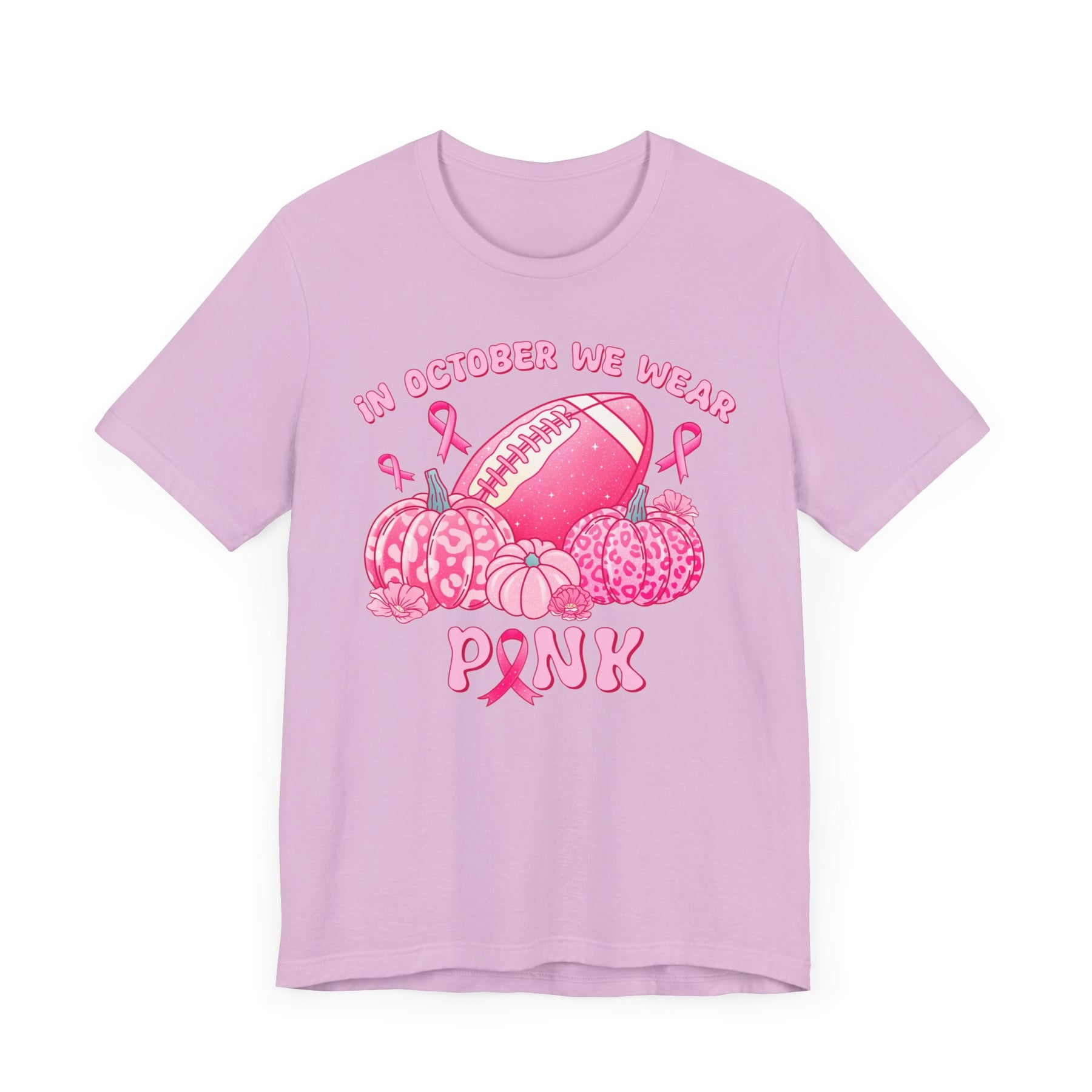 "In October We Wear Pink" Football & Pumpkins Breast Cancer Awareness - Unisex Jersey Short Sleeve Tee