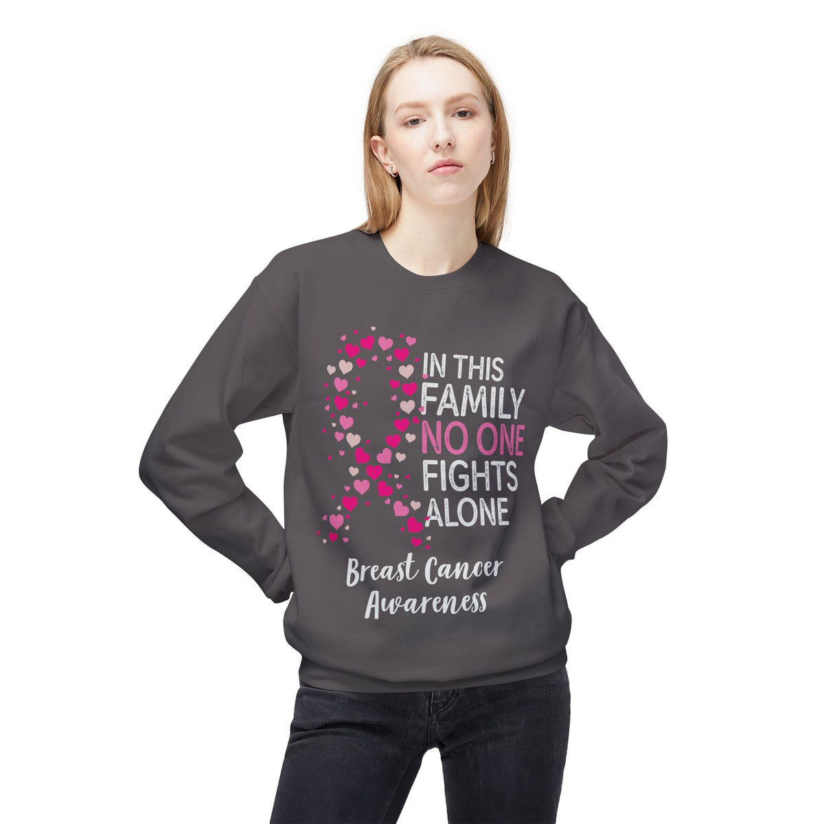 "In This Family No One Fights Alone" with heart ribbon - Unisex Midweight Softstyle Fleece Crewneck Sweatshirt