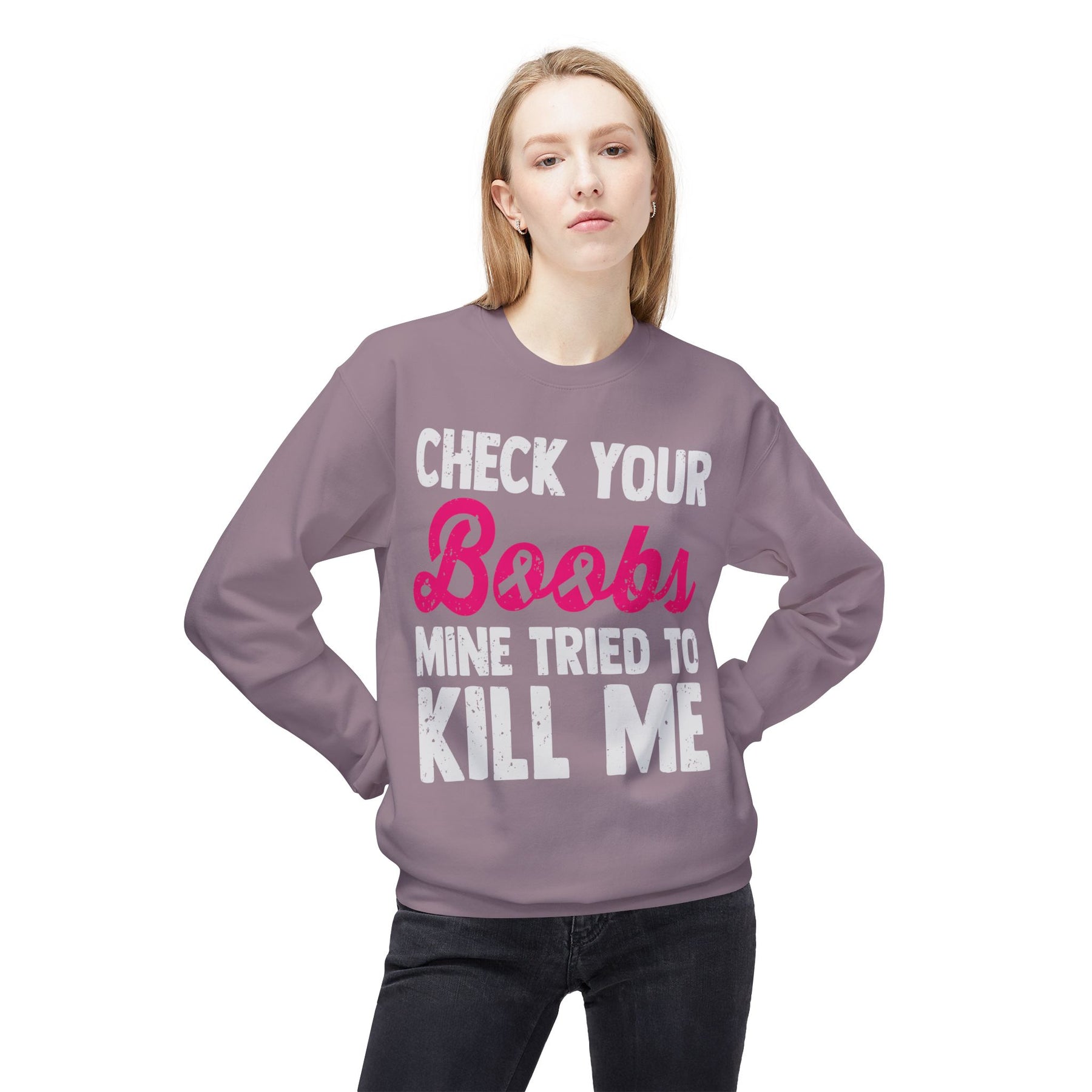 "Check Your Boobs Mine Tried to Kill Me" 2 - Unisex Midweight Softstyle Fleece Crewneck Sweatshirt