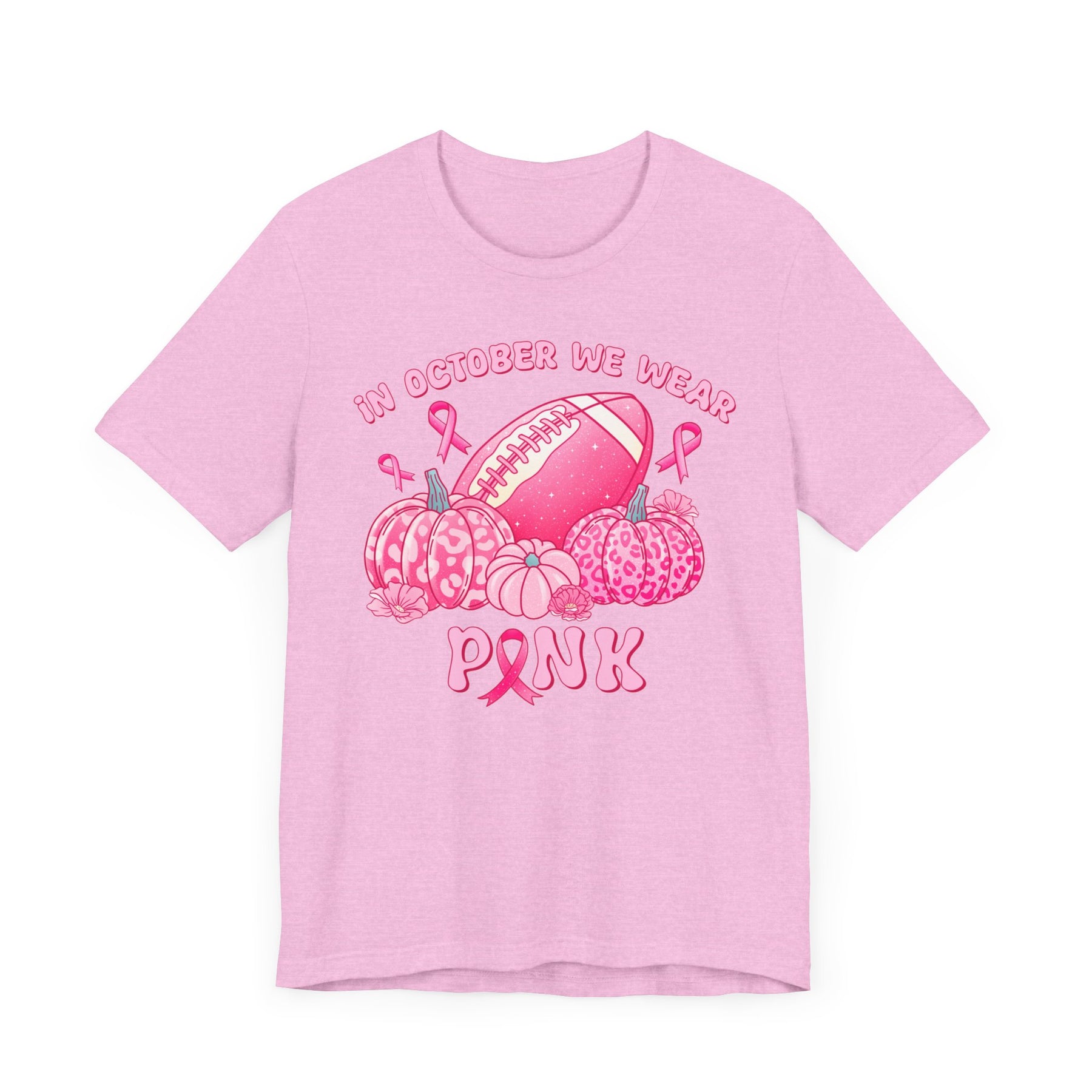 "In October We Wear Pink" Football & Pumpkins Breast Cancer Awareness - Unisex Jersey Short Sleeve Tee