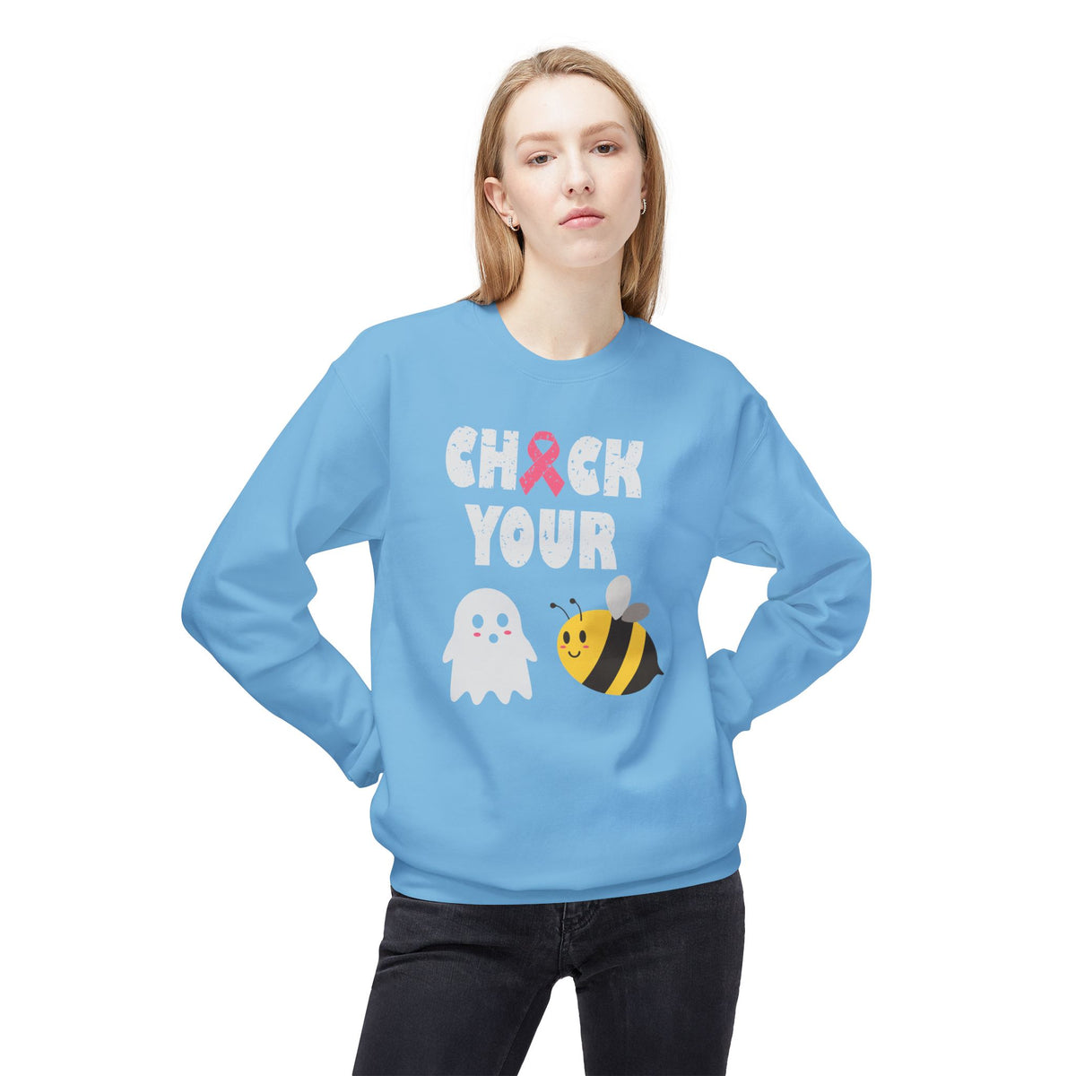 "Check Your 👻 🐝 " Breast Cancer Awareness - Unisex Midweight Softstyle Fleece Crewneck Sweatshirt