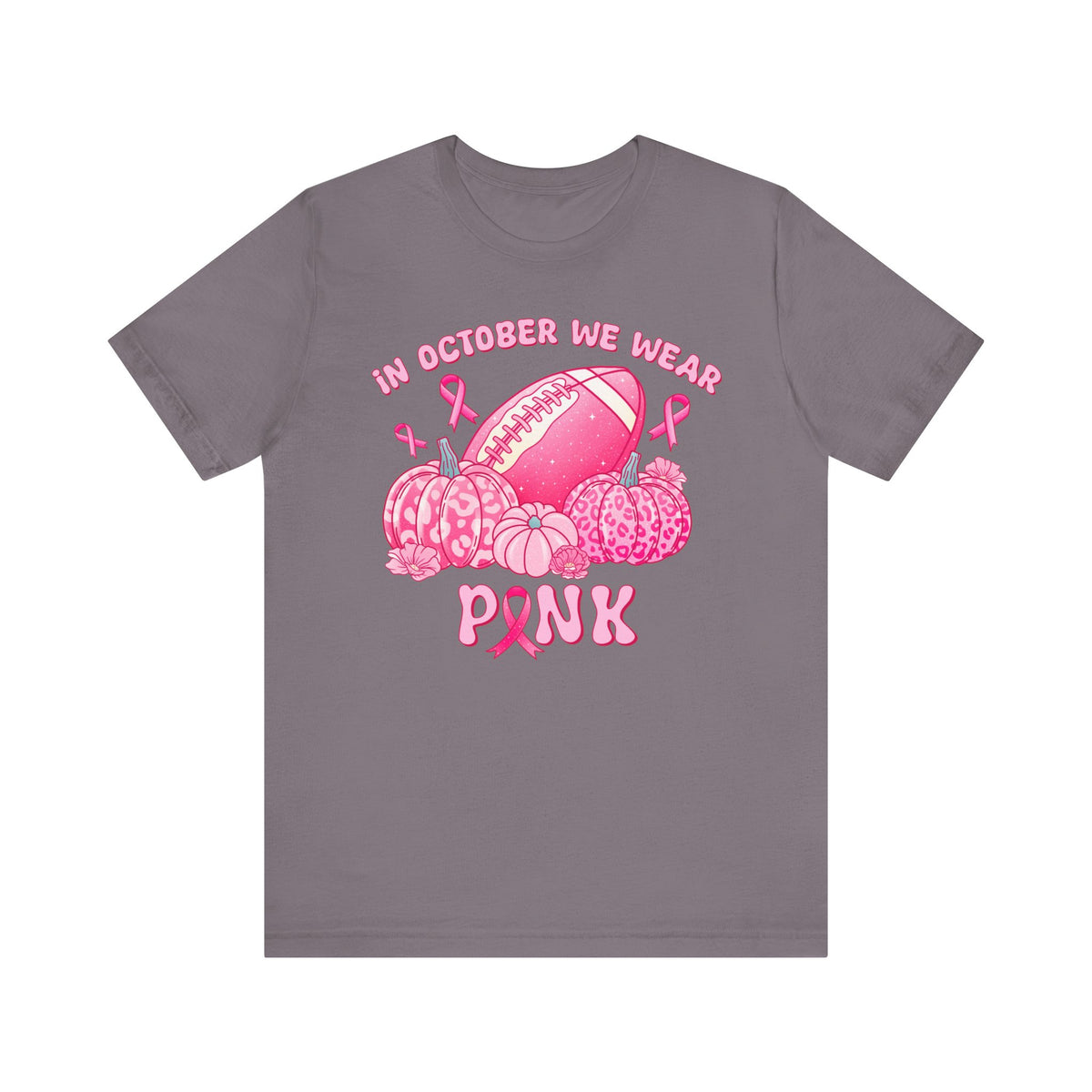 "In October We Wear Pink" Football & Pumpkins (Non-pink shirt options) Breast Cancer Awareness - Unisex Jersey Short Sleeve Tee