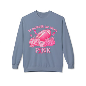 "In October We Wear Pink" Football & Pumpkins Breast Cancer Awareness - Unisex Midweight Softstyle Fleece Crewneck Sweatshirt