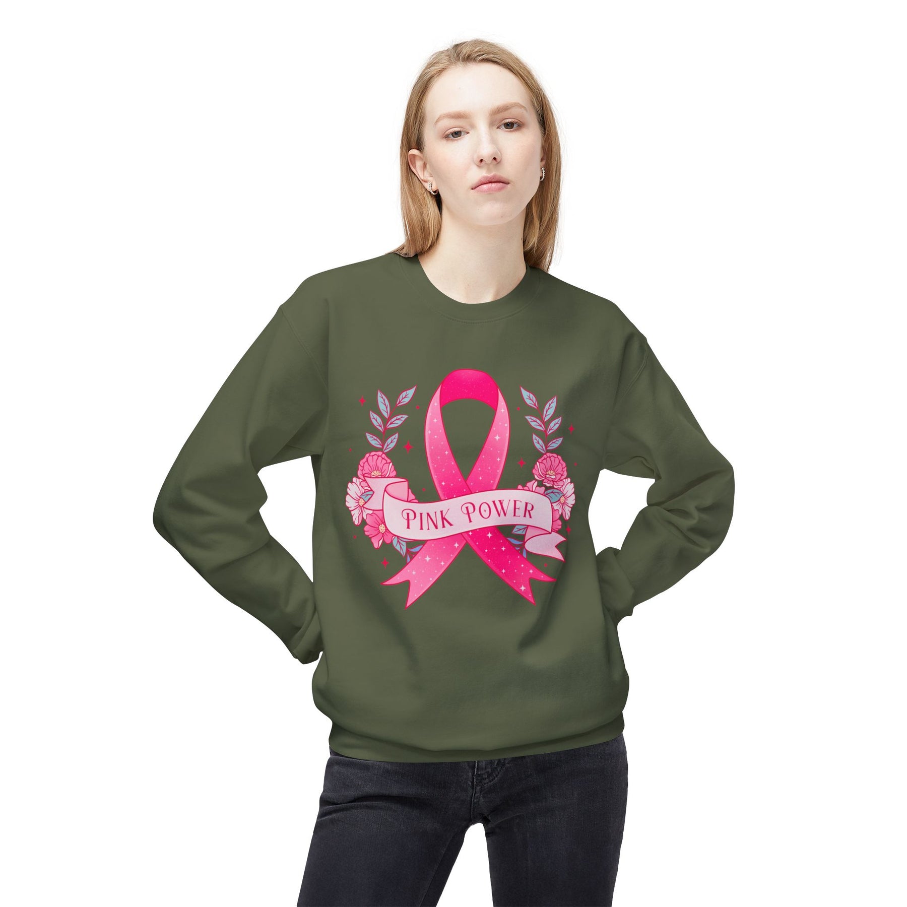 "Pink Power" Breast Cancer Awareness - Unisex Midweight Softstyle Fleece Crewneck Sweatshirt