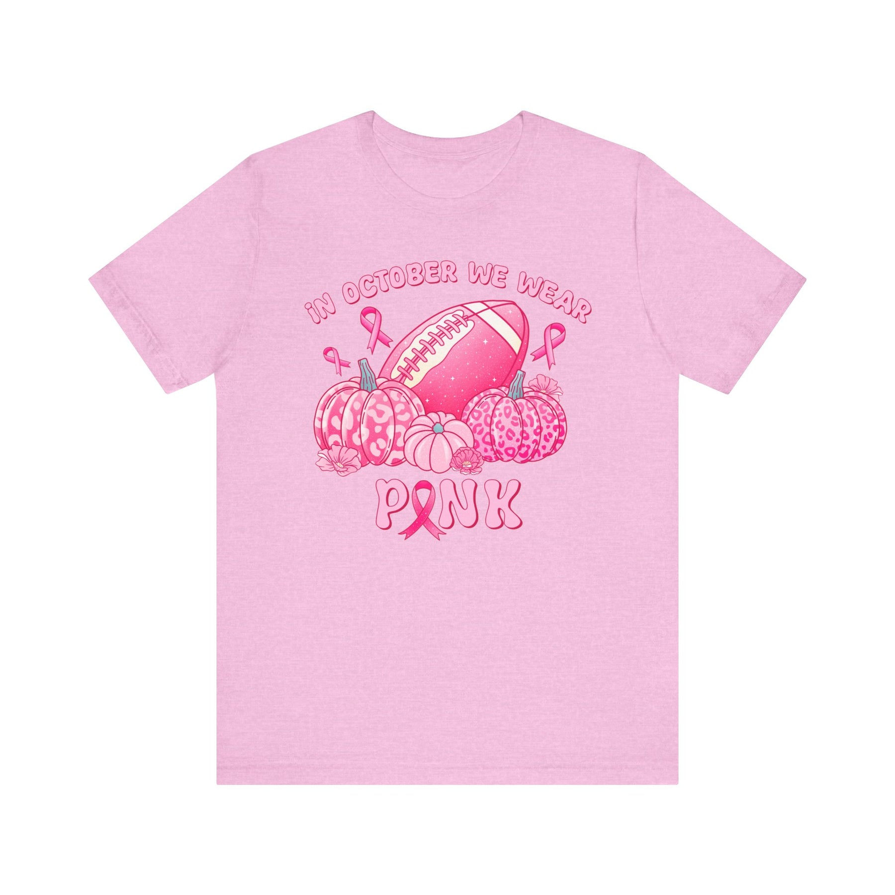 "In October We Wear Pink" Football & Pumpkins Breast Cancer Awareness - Unisex Jersey Short Sleeve Tee