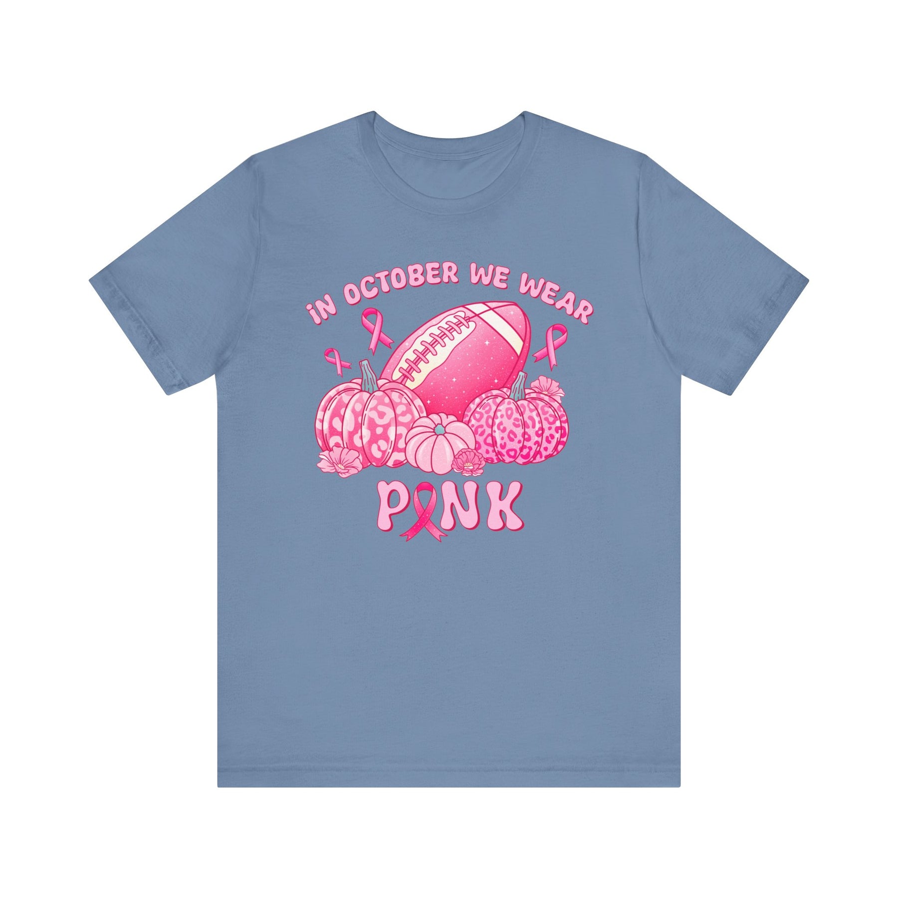 "In October We Wear Pink" Football & Pumpkins (Non-pink shirt options) Breast Cancer Awareness - Unisex Jersey Short Sleeve Tee